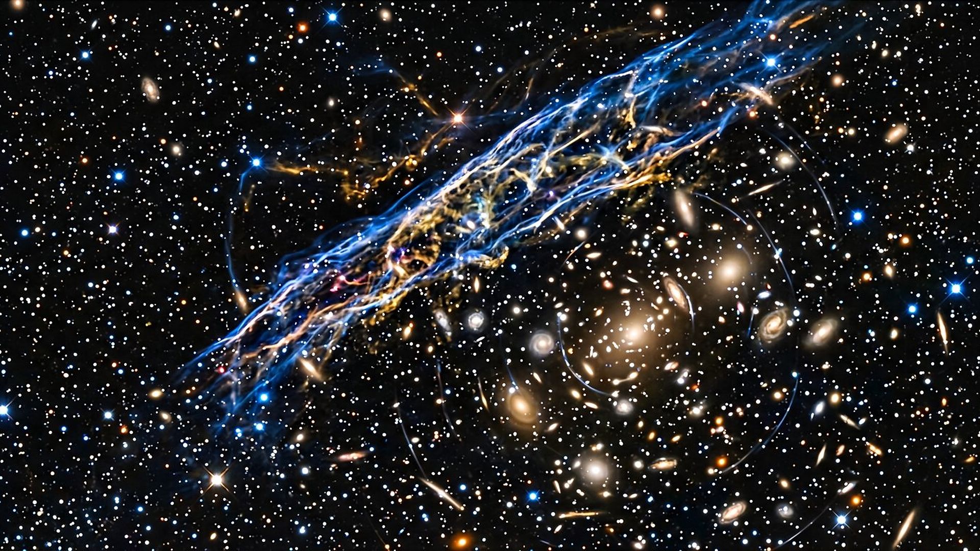 Champ profond constellé de galaxies lointaines et de poussières bleu et or.