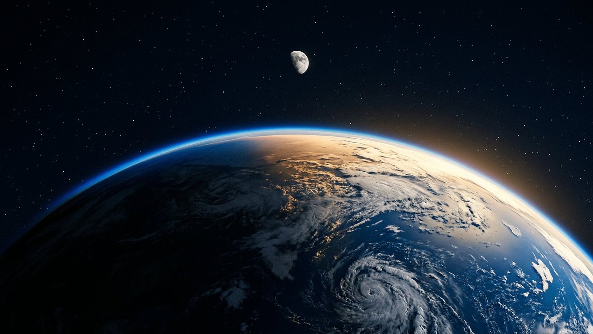 La courbure de la Terre vue depuis l'orbite, avec une fine lueur atmosphérique bleue.