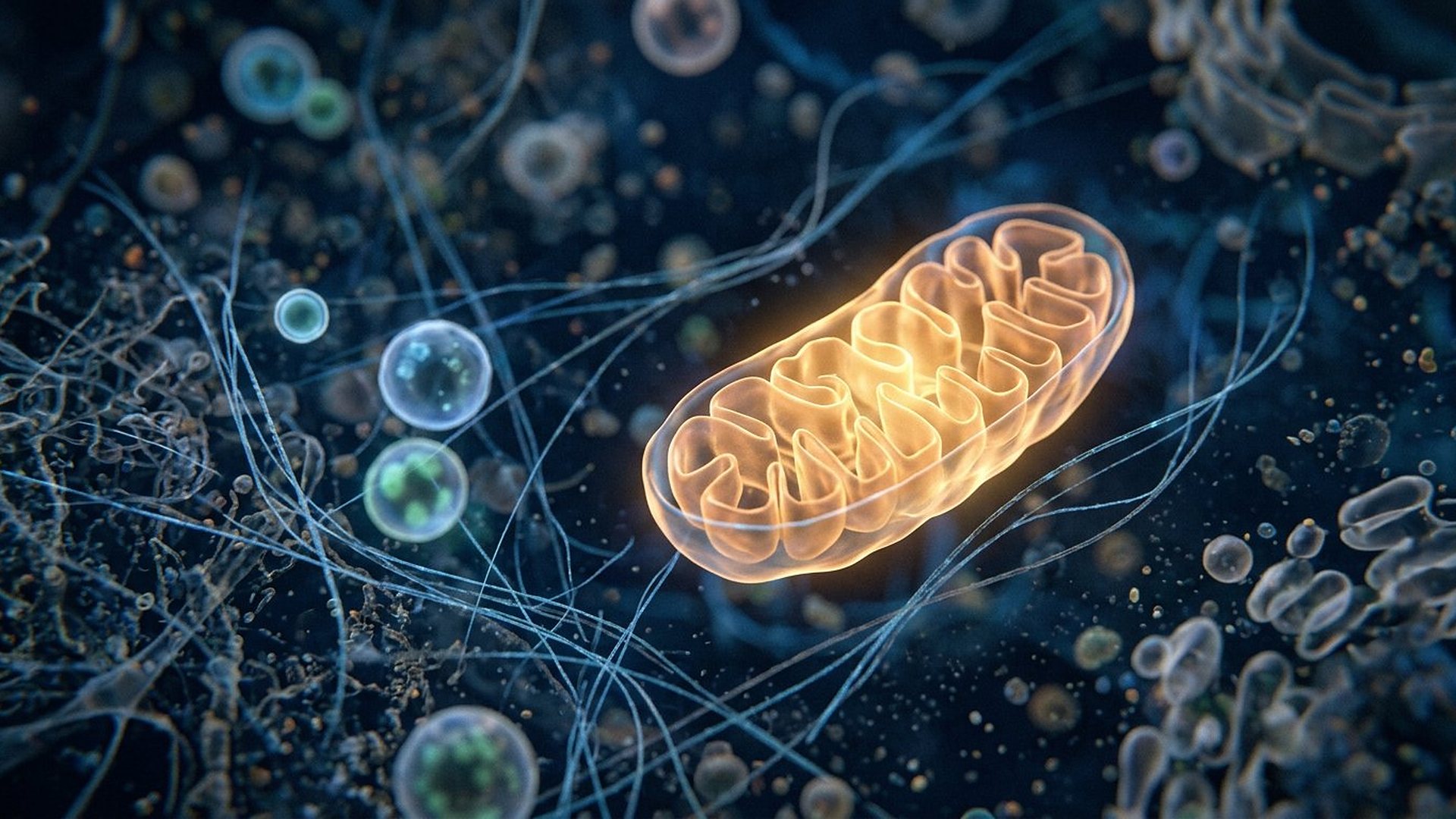 Intérieur d'une cellule avec une mitochondrie lumineuse et des vésicules translucides.