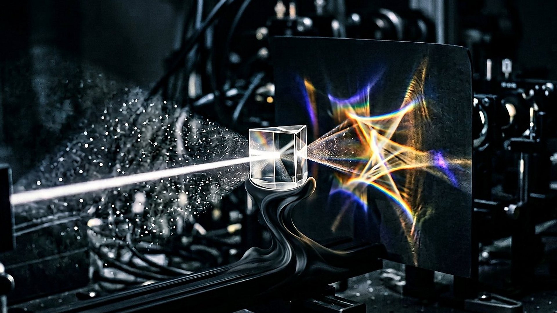 Faisceau de lumière traversant un prisme de verre dans un laboratoire sombre.