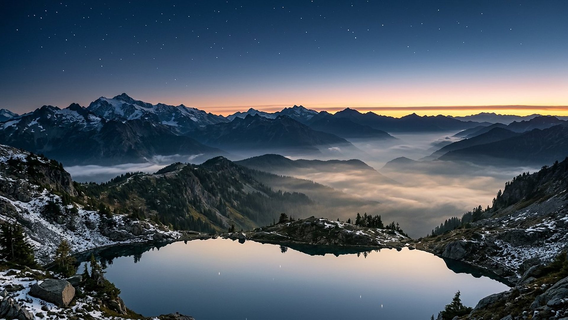 Aube sur une chaîne de montagnes brumeuse, dernières étoiles dans le ciel indigo.