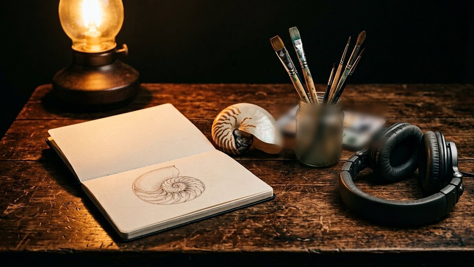 Sur une table en bois, un carnet ouvert avec un dessin au crayon de nautile, un vrai coquillage de nautile, des pinceaux dans un bocal et un casque audio, à la lueur d'une lampe.