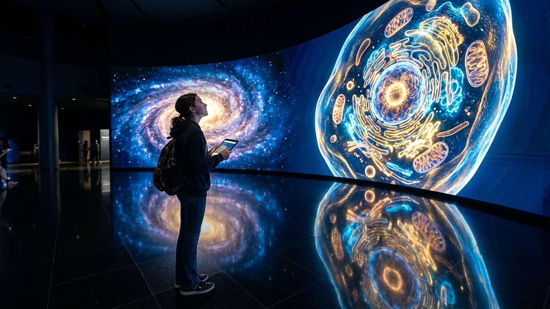Une jeune visiteuse, tablette en main, contemple dans une salle sombre un immense écran courbe montrant côte à côte une galaxie spirale et une cellule lumineuse, reflétées sur le sol.