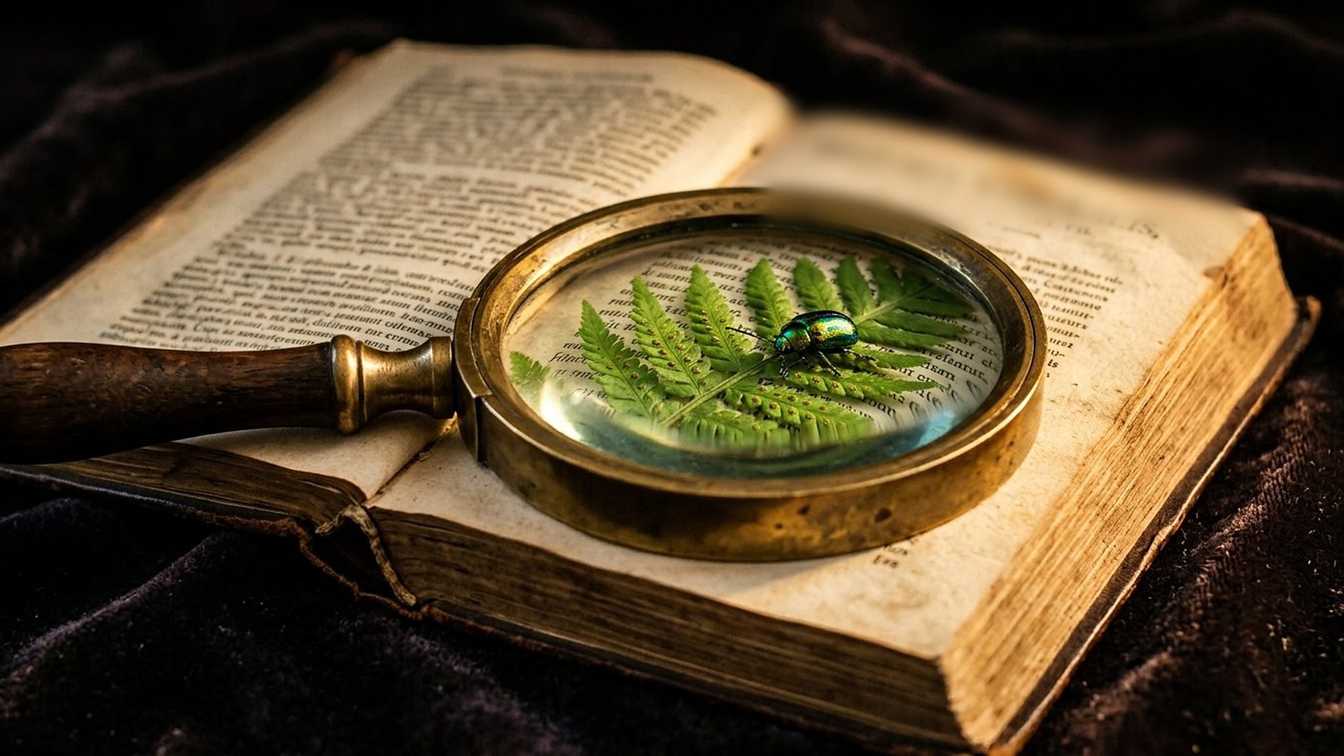 Une loupe en laiton posée sur un vieux livre ouvert grossit une fronde de fougère et un petit scarabée irisé.