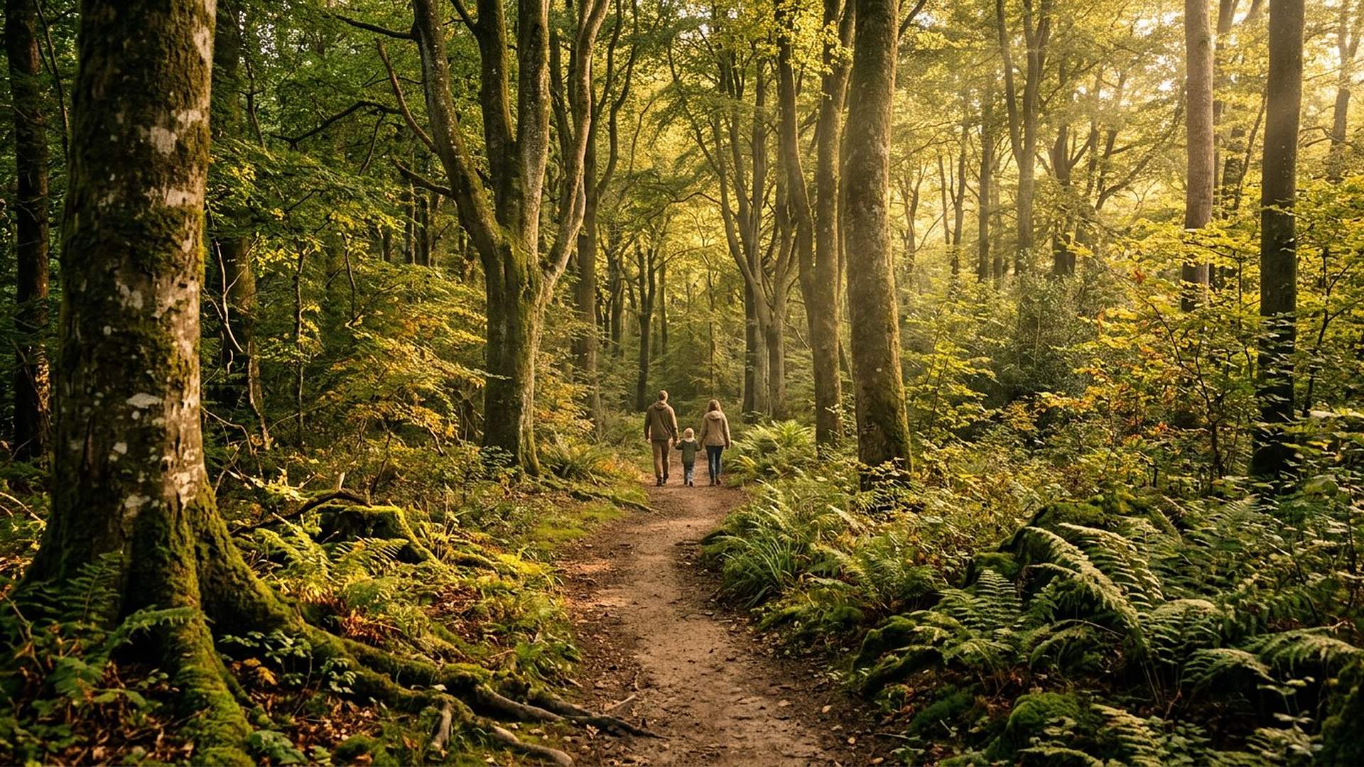 Un sentier de terre serpente dans une forêt de hêtres au soleil couchant ; au loin, une famille de trois personnes marche entre les fougères.
