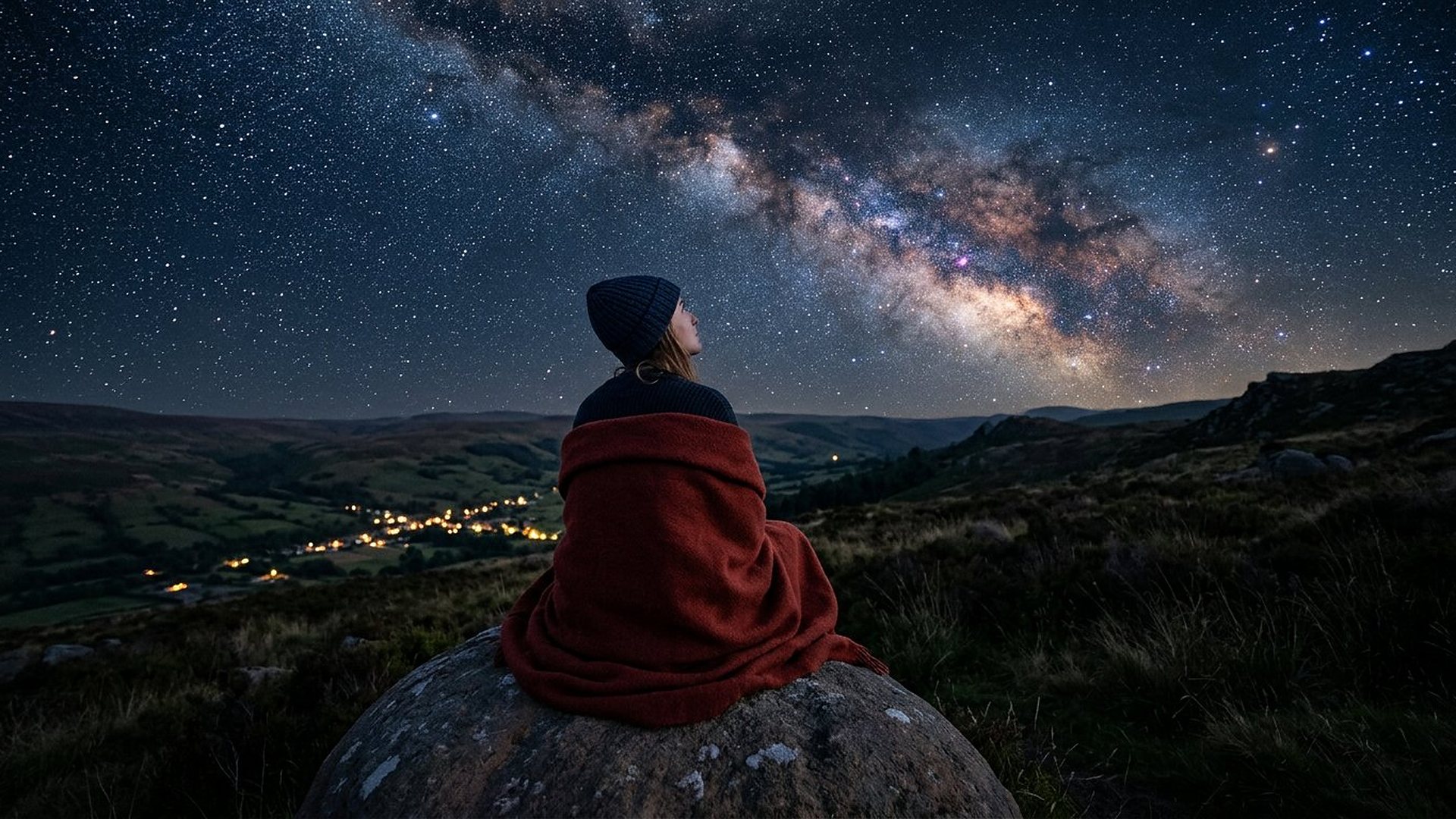 De nuit, une personne coiffée d'un bonnet et enveloppée dans une couverture rouge, assise sur un rocher, contemple la Voie lactée au-dessus d'une vallée piquée de quelques lumières.