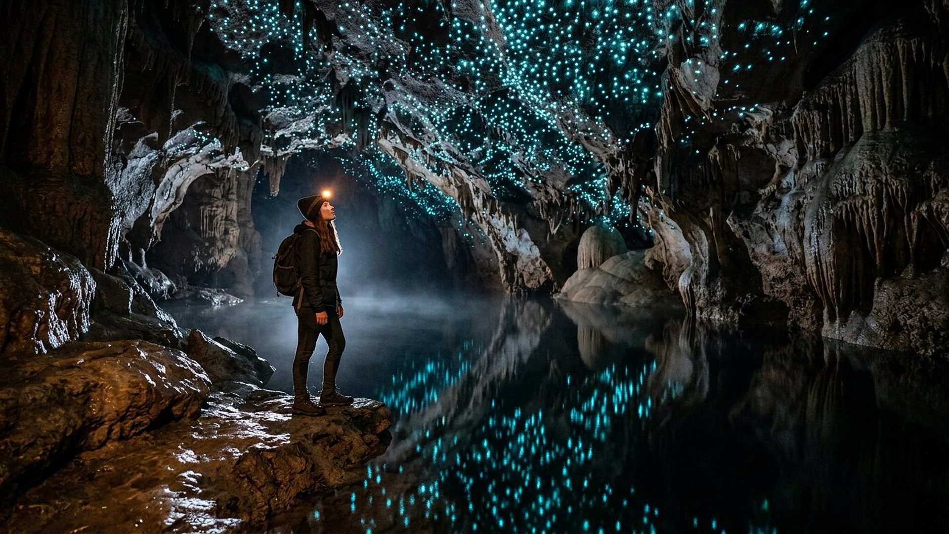 Dans une vaste grotte, une exploratrice à lampe frontale lève les yeux vers une voûte couverte de milliers de petites lueurs bleu-vert de vers luisants, qui se reflètent dans un lac souterrain parfaitement immobile.