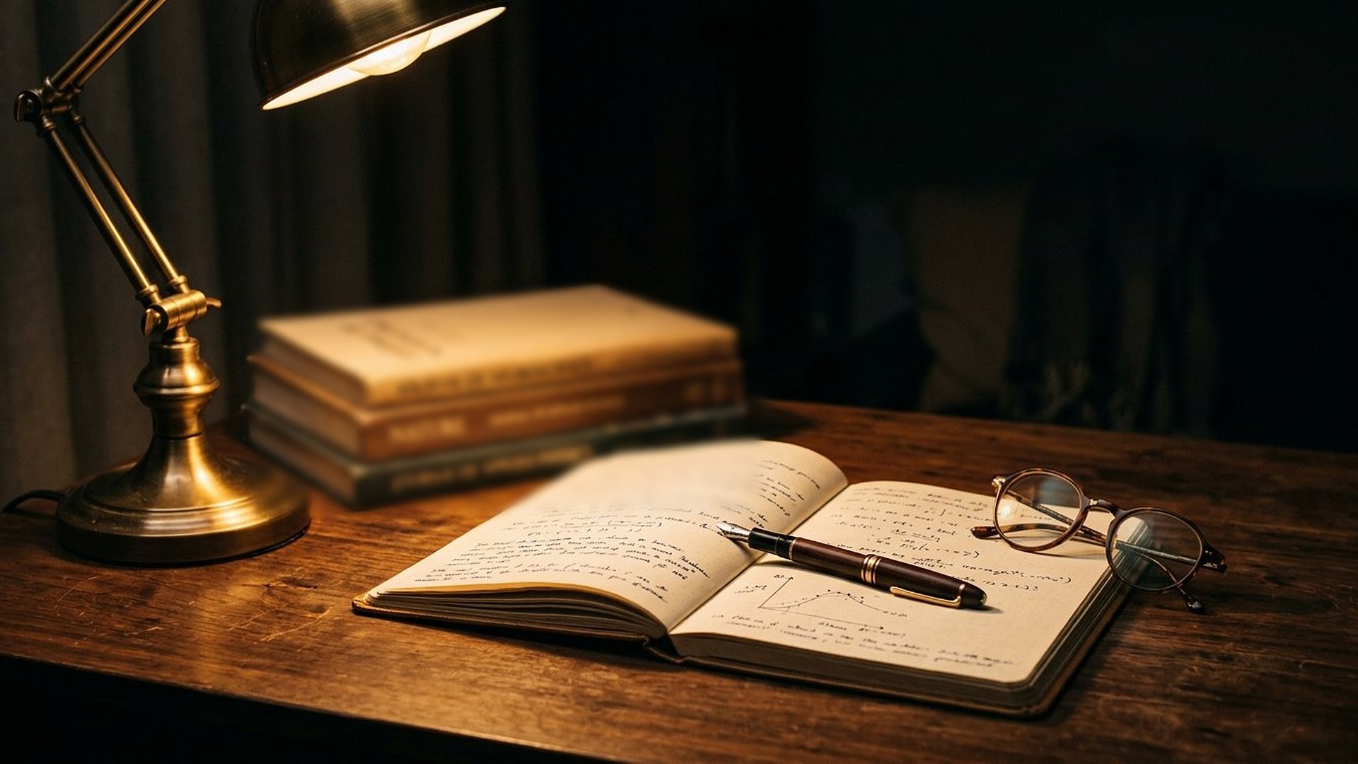 Sur un bureau en bois éclairé par une lampe articulée en laiton, une pile de livres, un carnet ouvert couvert de notes manuscrites, un stylo-plume et des lunettes.