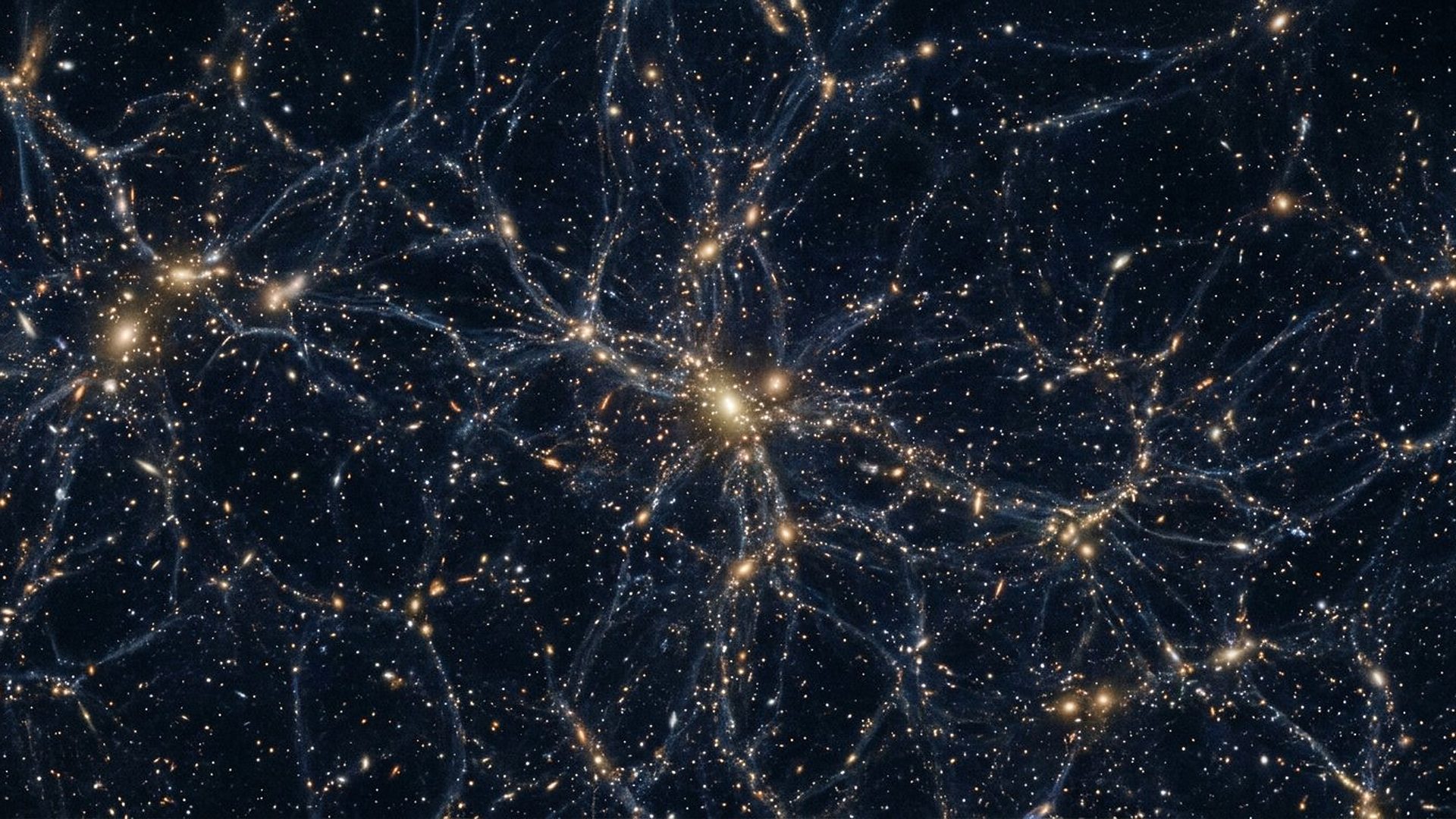 Toile cosmique de filaments de galaxies et d'amas lumineux dans l'espace profond.
