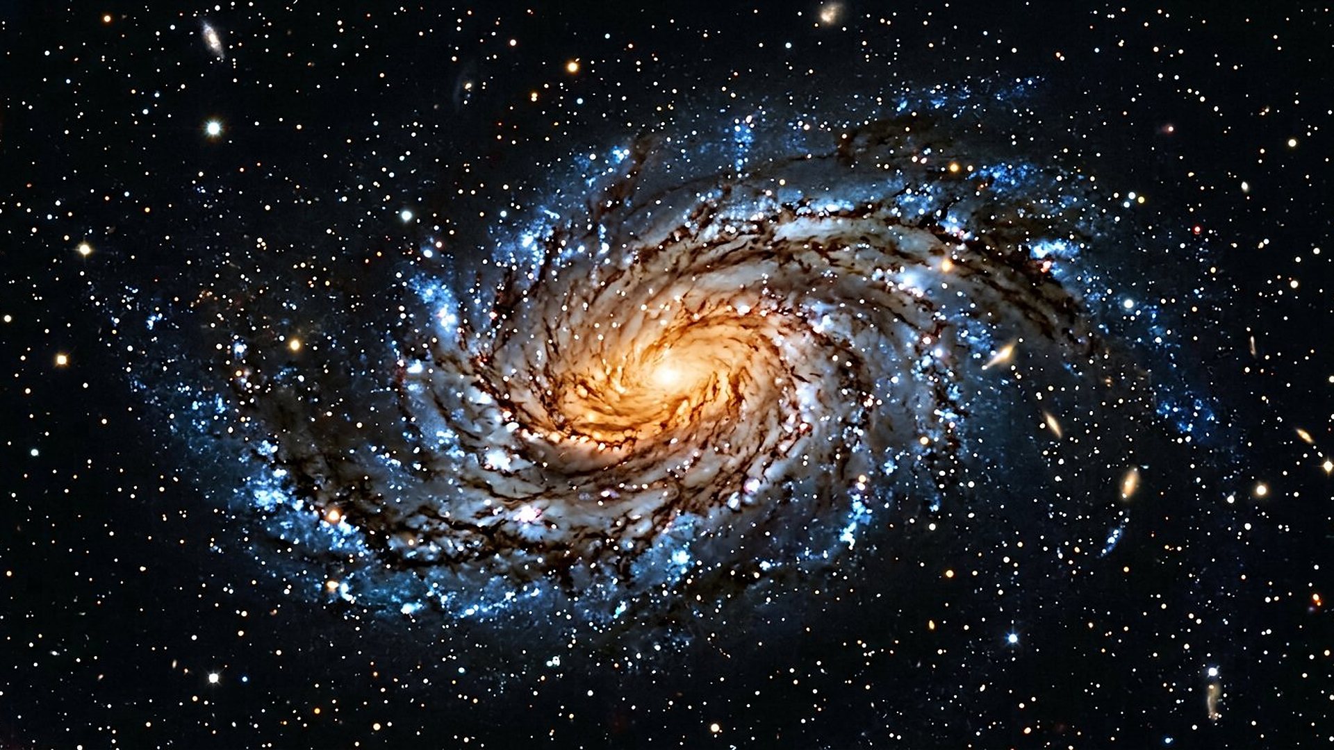 Galaxie spirale vue de biais avec un noyau doré et des bras bleus.