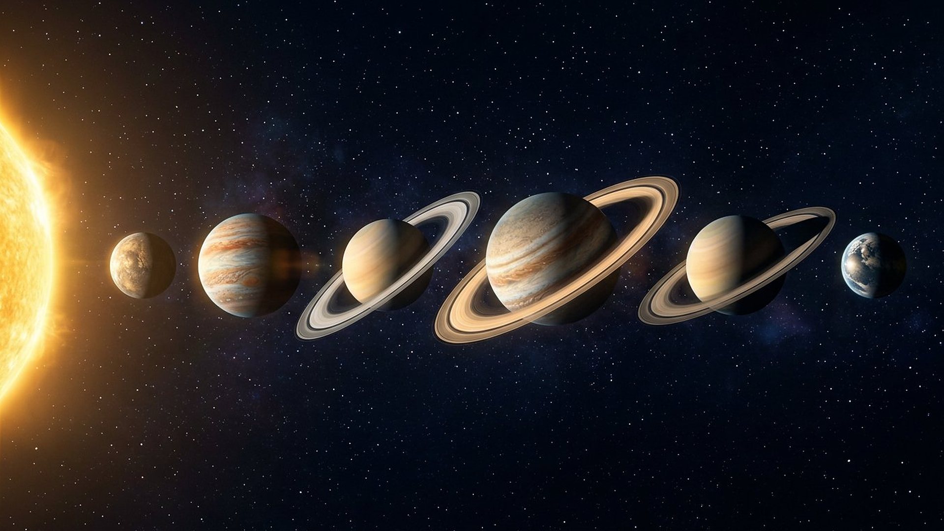 Système planétaire éclairé par une étoile dorée sur un ciel presque noir.