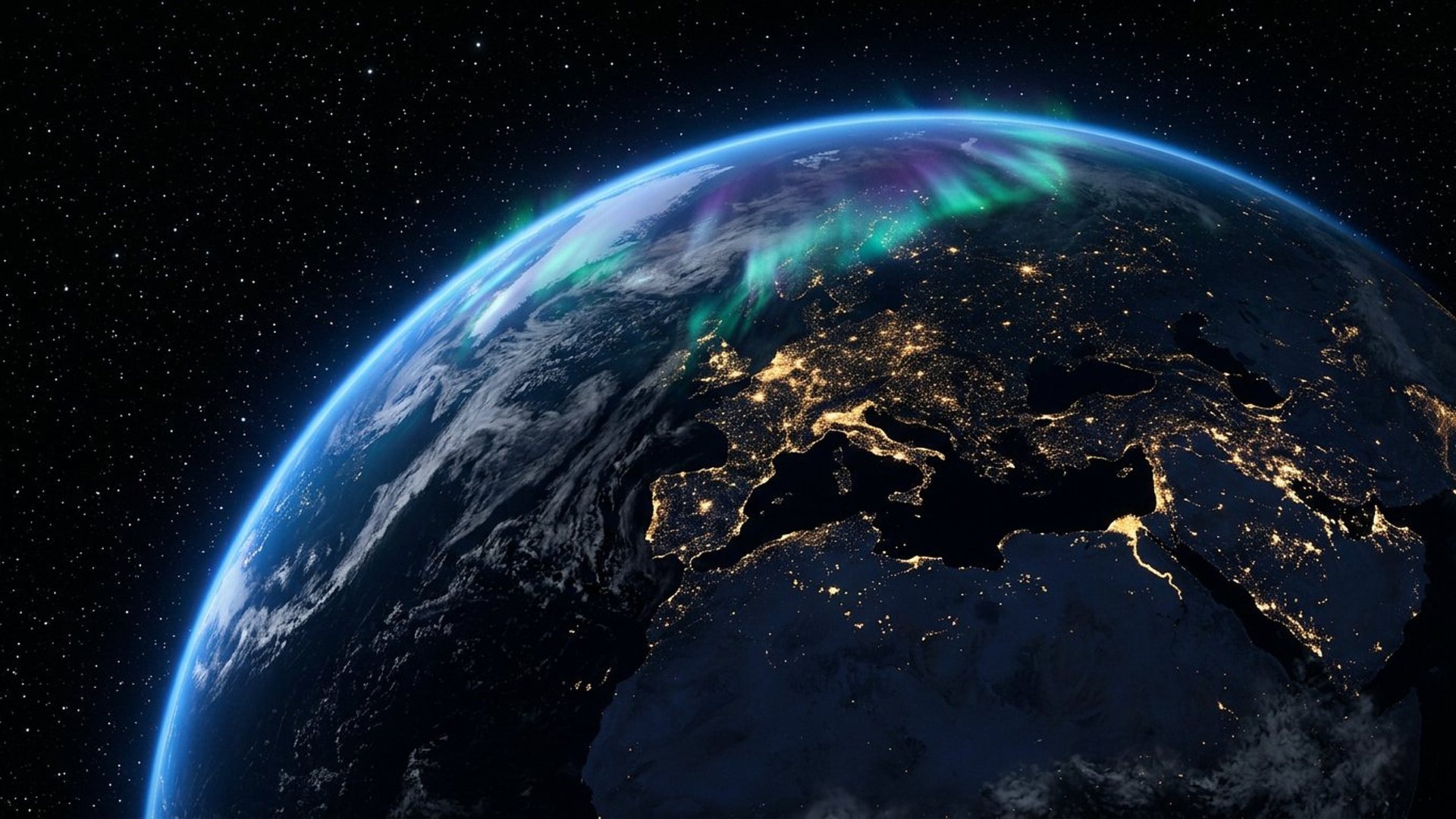La Terre vue de l'orbite avec les lumières des villes et une aurore boréale.