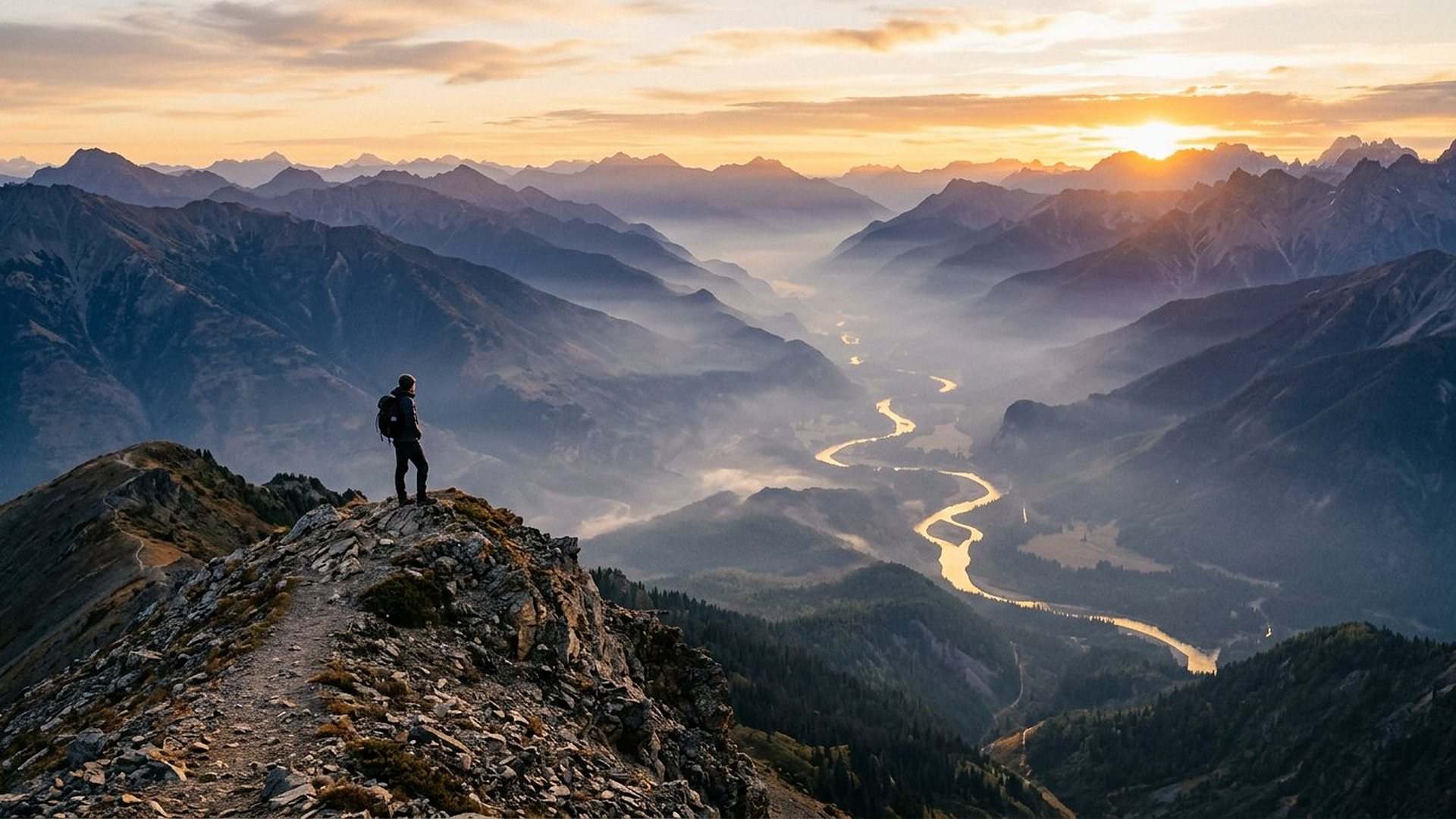 Vallée de montagnes brumeuse au lever du jour avec une minuscule silhouette humaine.