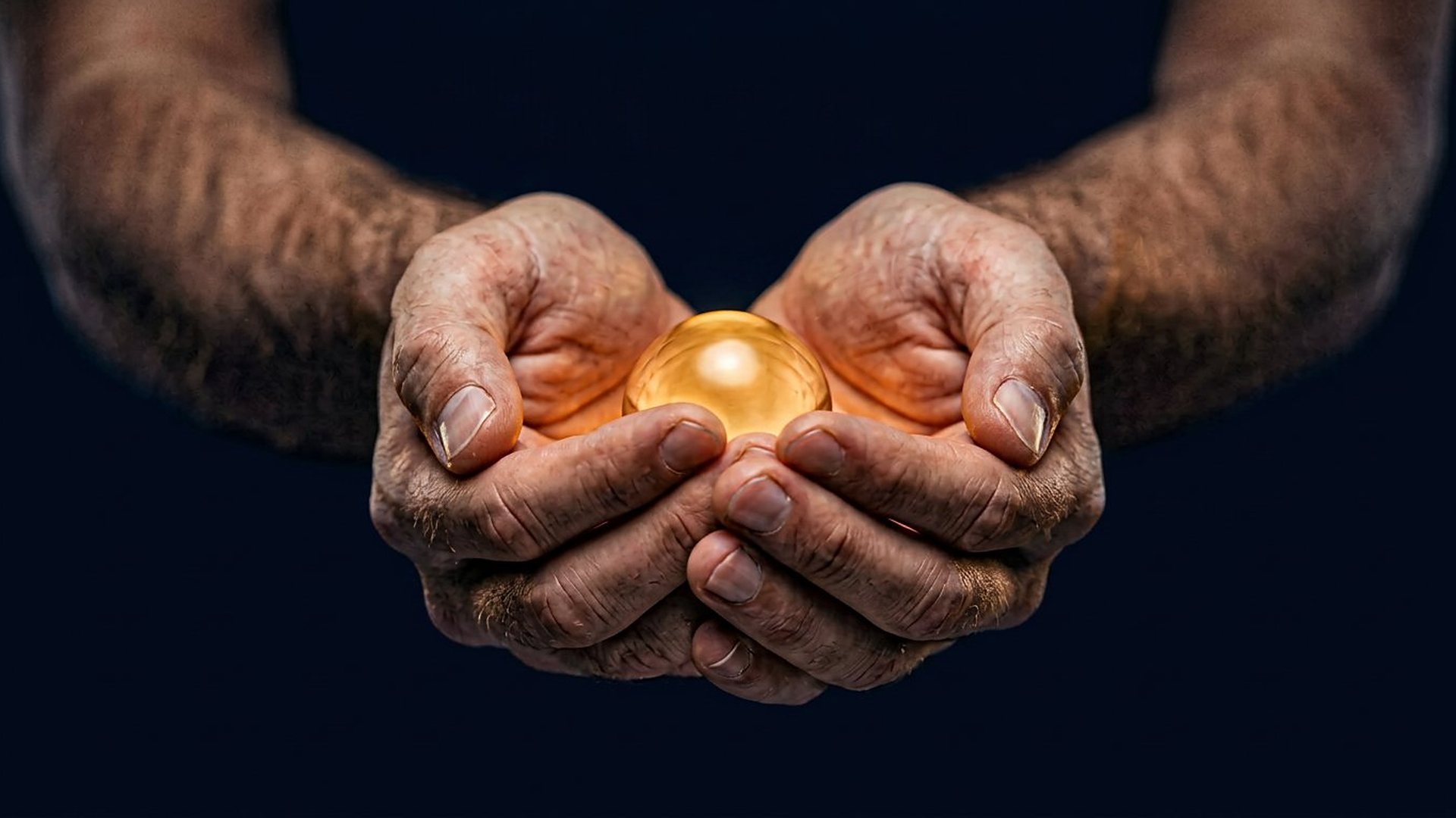 Mains humaines tenant une petite sphère de lumière dorée dans la pénombre.