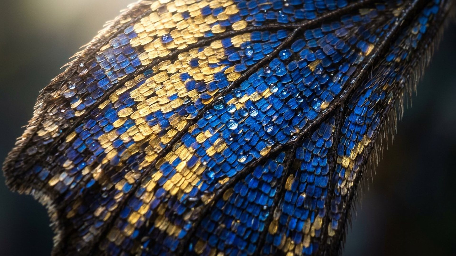 Gros plan macro sur les écailles irisées bleu et or d'une aile de papillon.