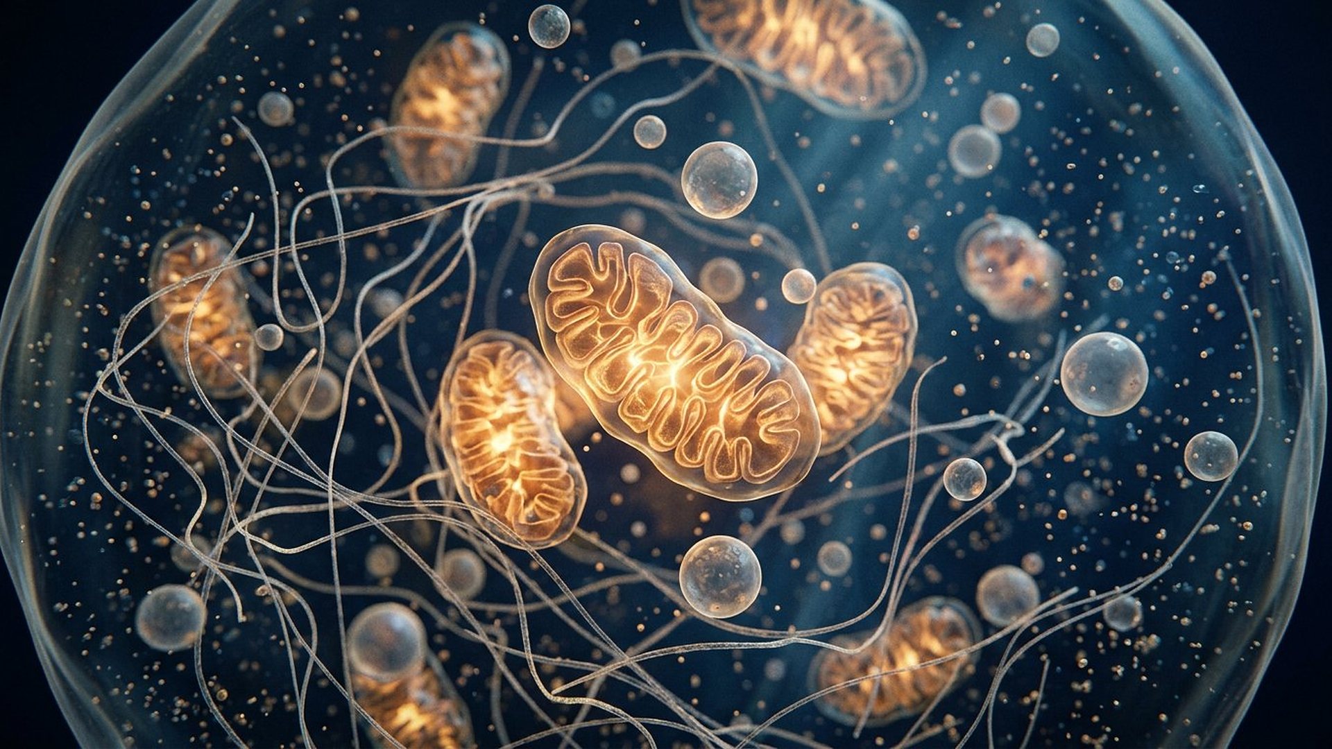 Intérieur d'une cellule avec mitochondries dorées et filaments protéiques.