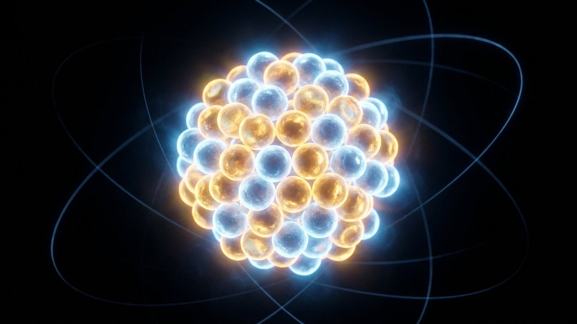 Amas lumineux de protons et de neutrons avec de fines traînées d'électrons.