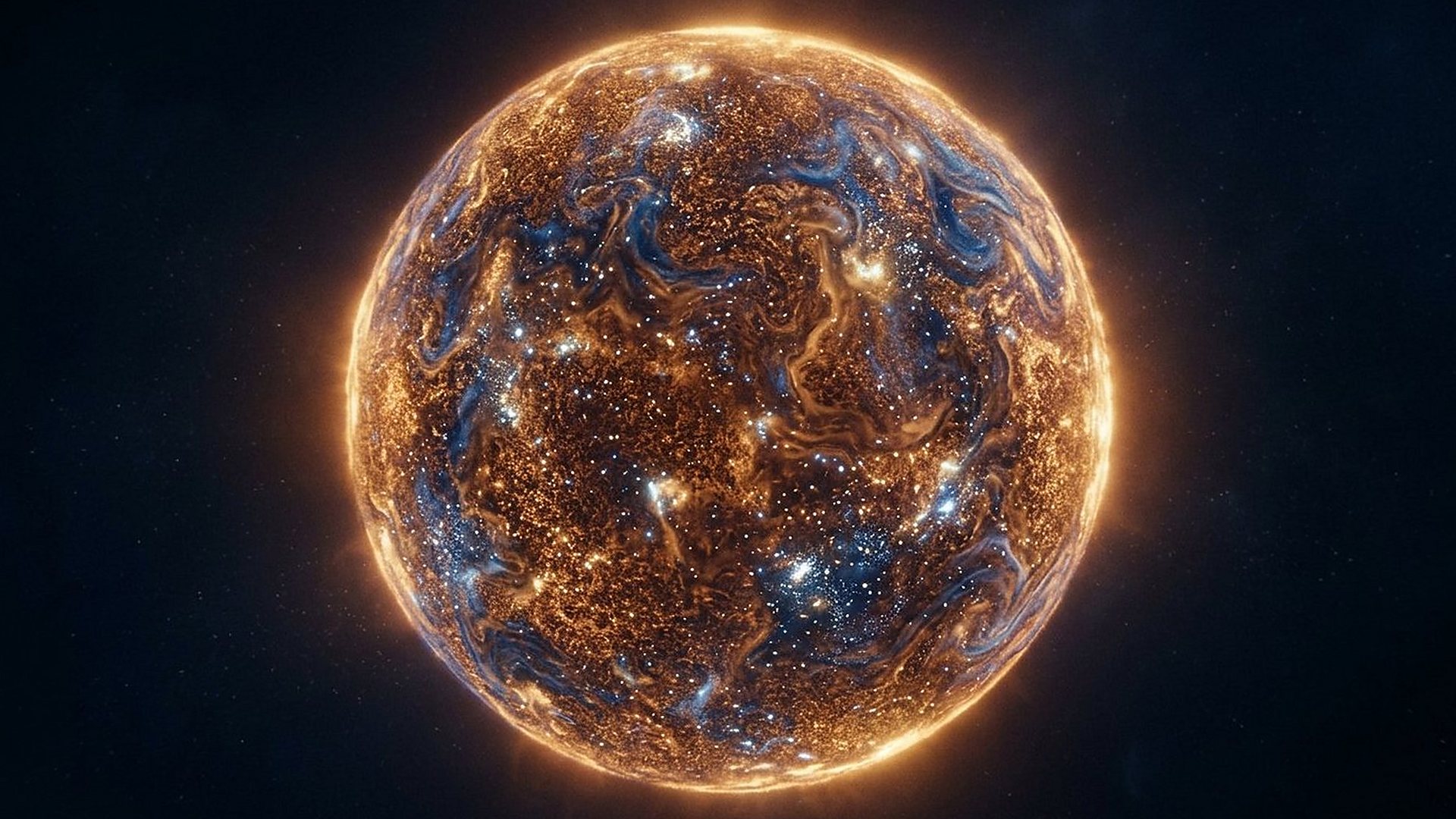 Sphère de plasma primordial aux reflets ambre et cobalt.