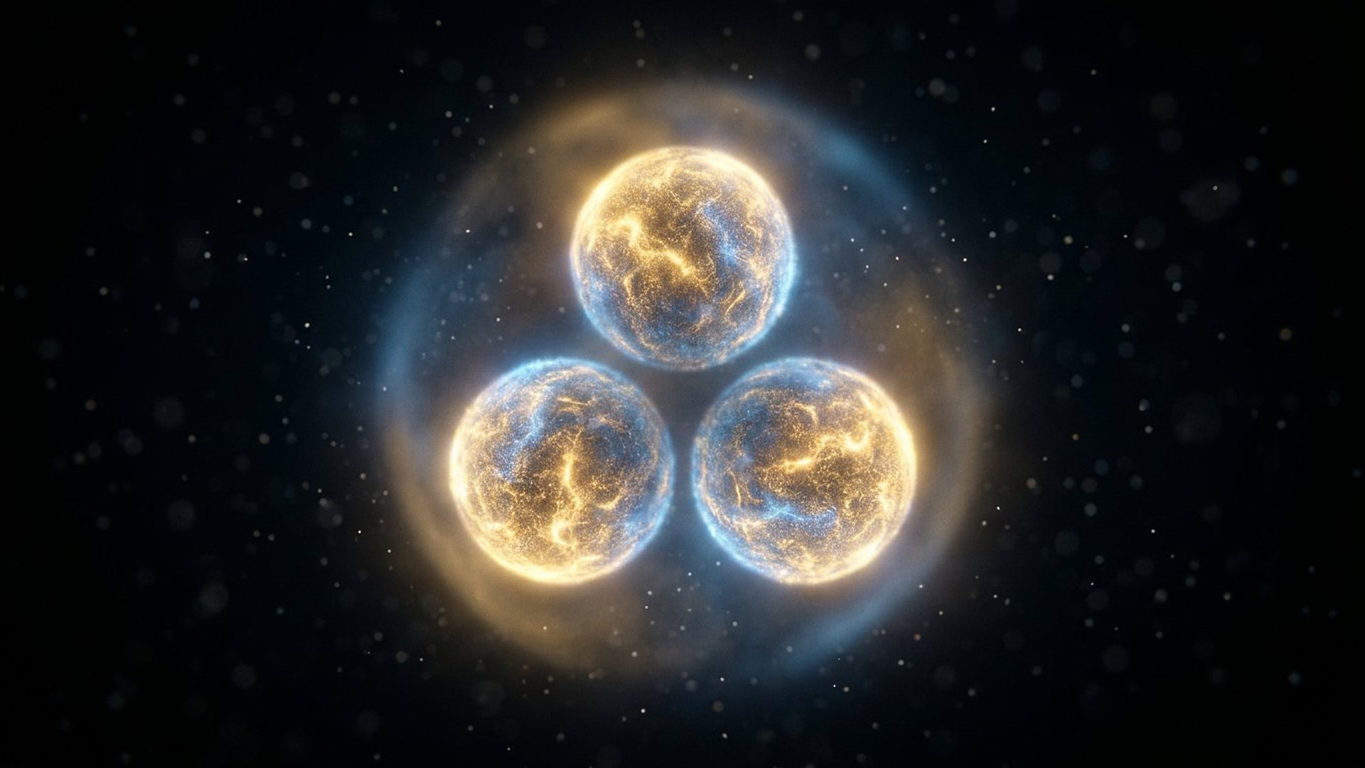 Trois sphères lumineuses formant un noyau de carbone 12.