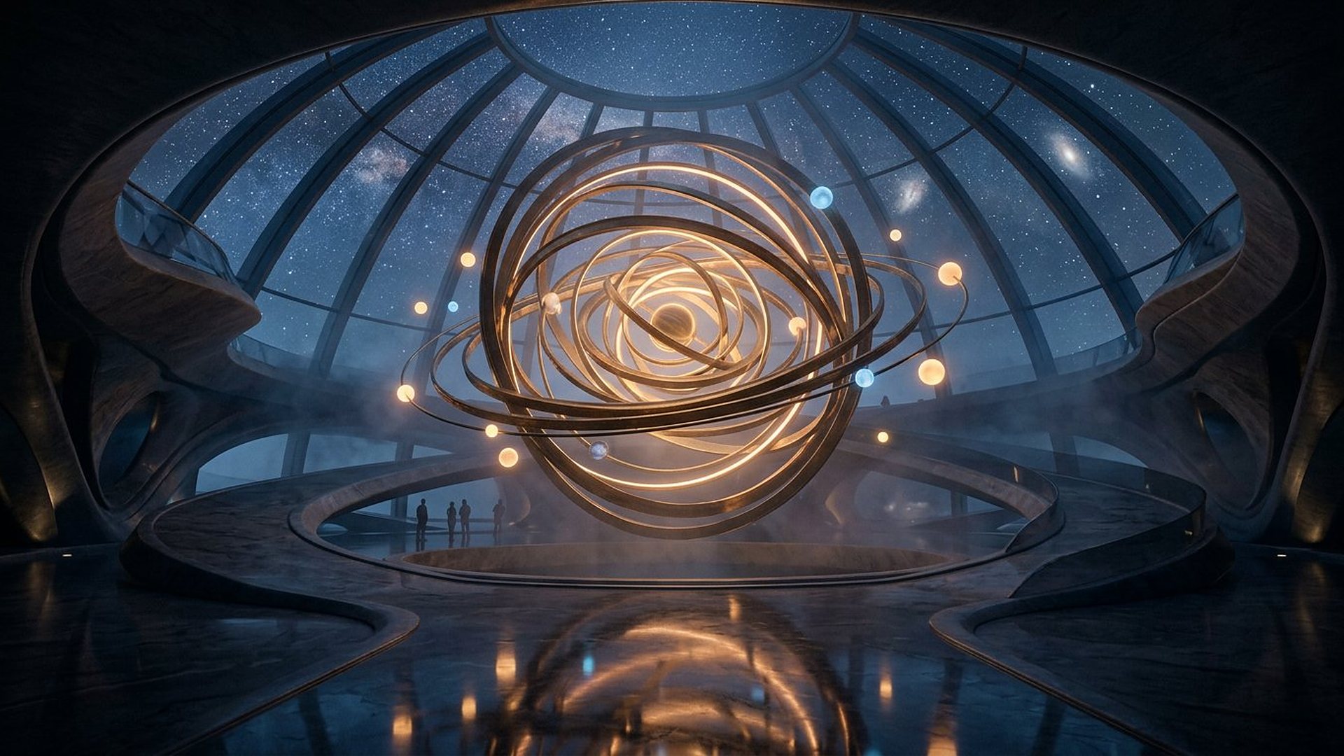 Sphère armillaire lumineuse dans une salle d'observation.