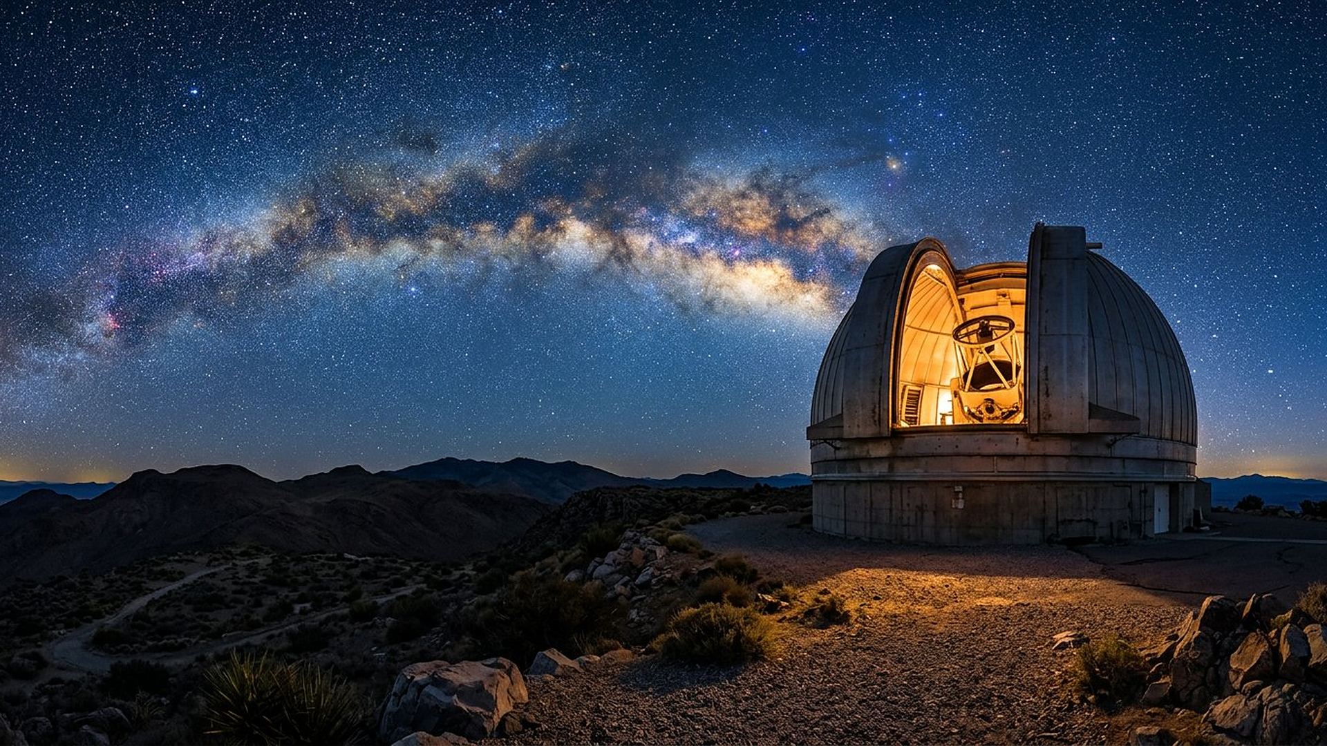 Coupole d'observatoire ouverte sous un ciel étoilé.