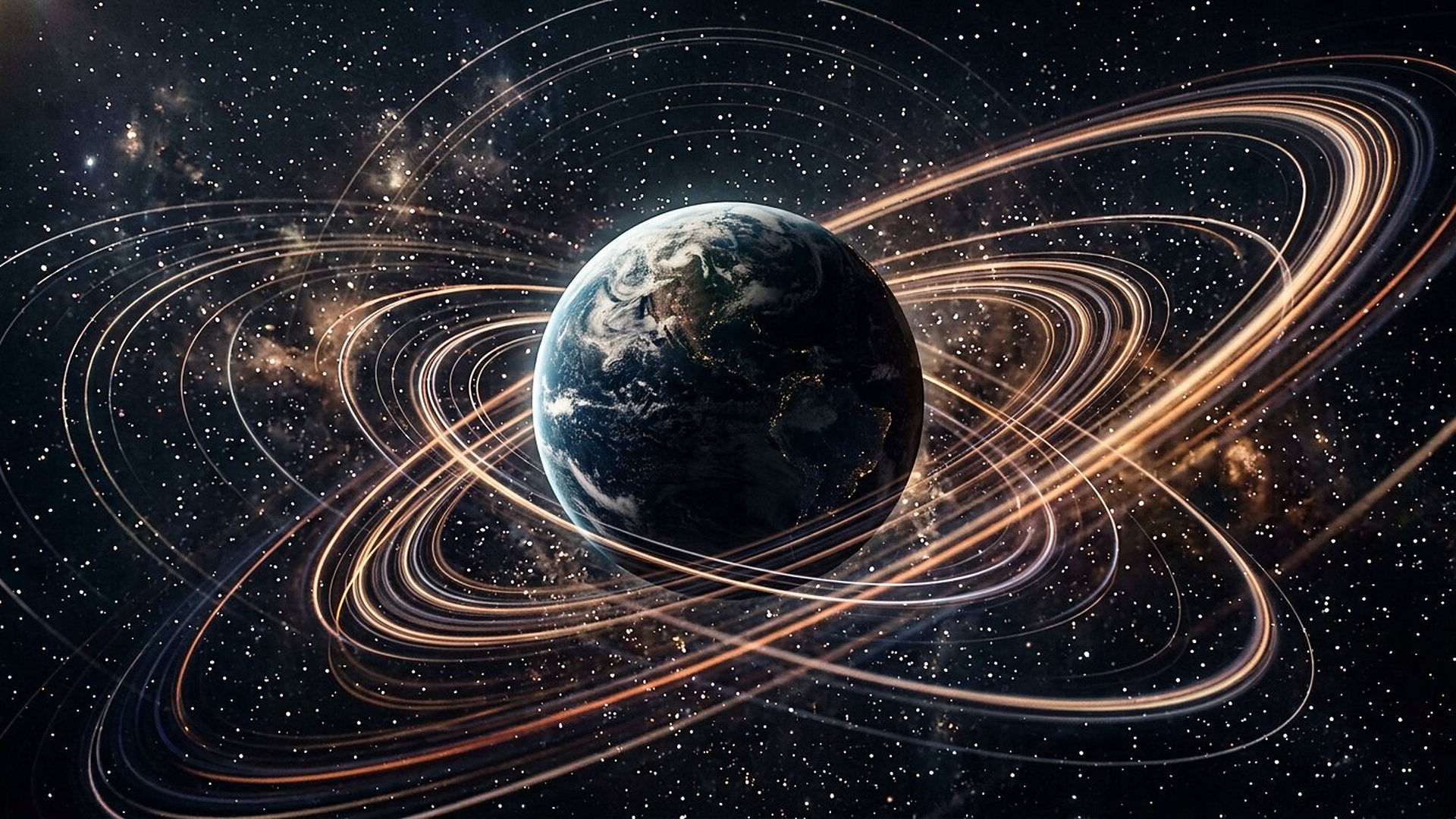 Terre fortement basculée entourée de trajectoires courbes.