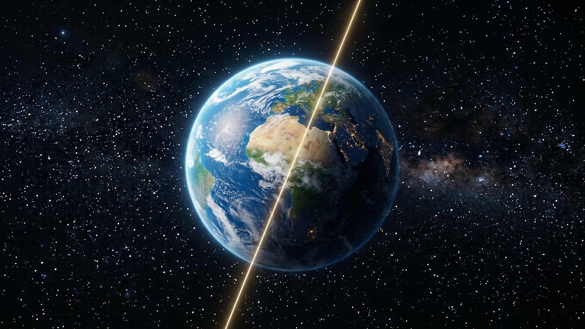 Terre inclinée avec un axe lumineux unique.