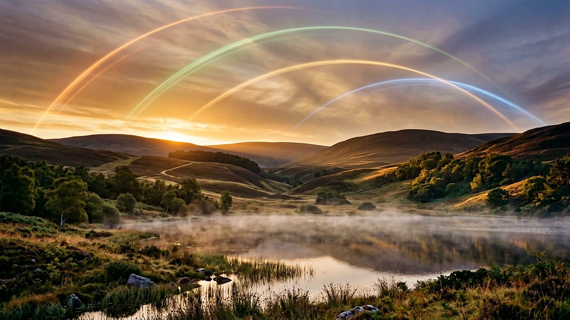 Paysage de collines et de lac sous des arcs lumineux.