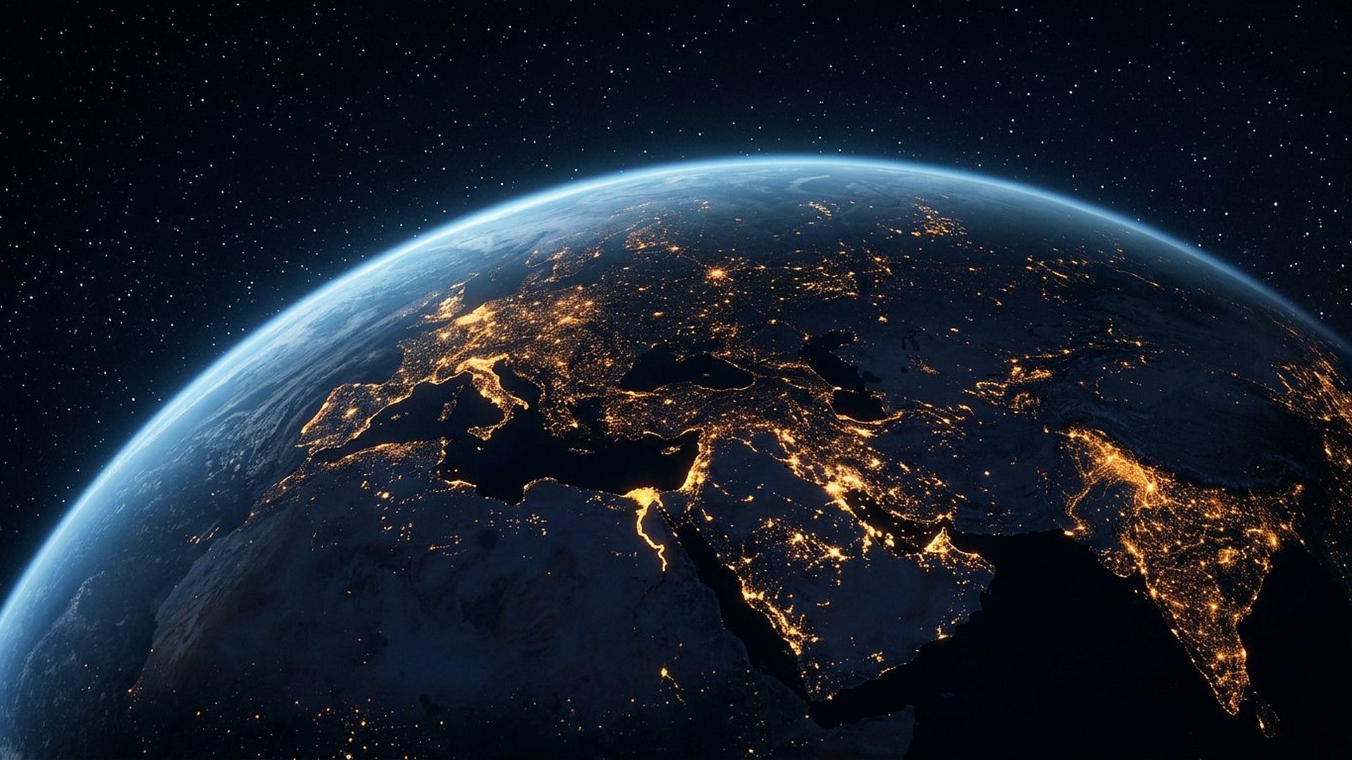 Terre de nuit avec les lumières des villes et un liseré bleu.