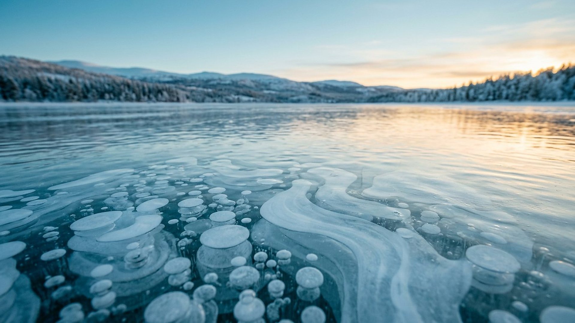 Surface de lac gelé avec des bulles d'air prisonnières.