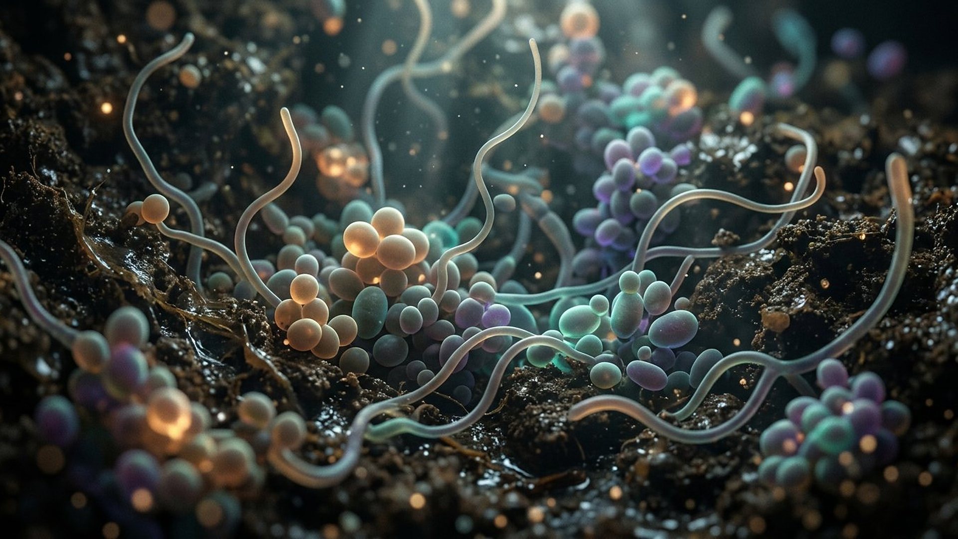 Cellules microbiennes arrondies et filaments dans un sol humide.