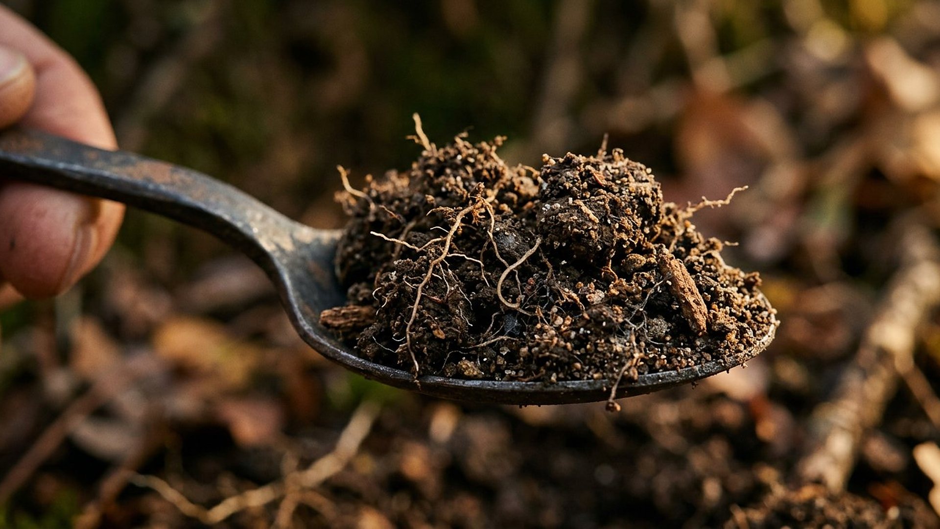 Cuillère de terre sombre avec grains et fines racines.