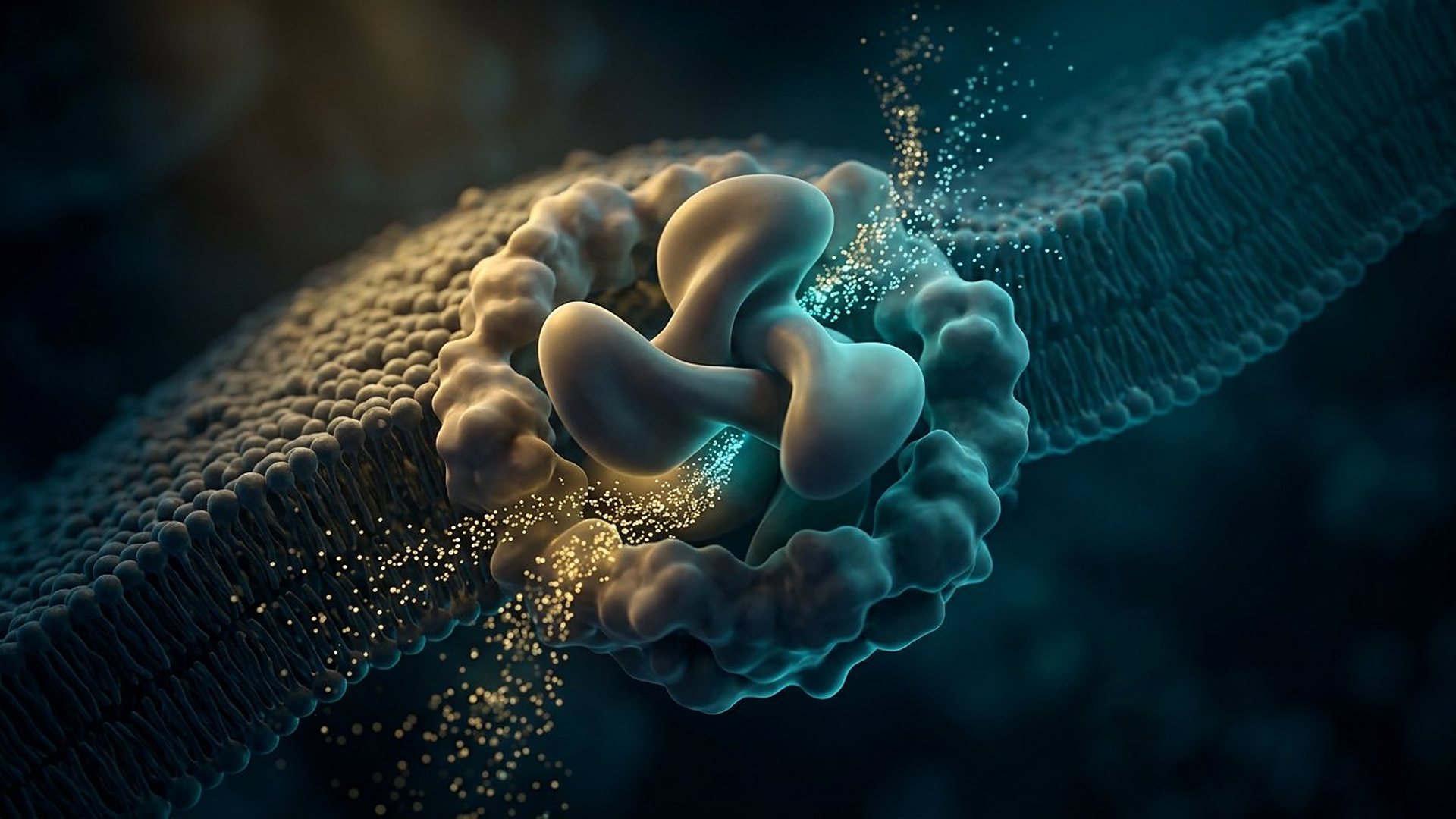 Moteur moléculaire à trois lobes traversant une membrane.