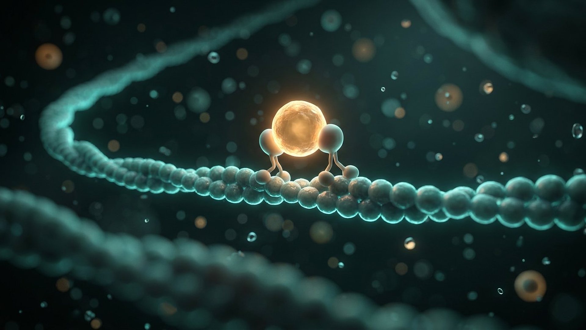 Filament cellulaire avec deux protéines motrices et une vésicule.