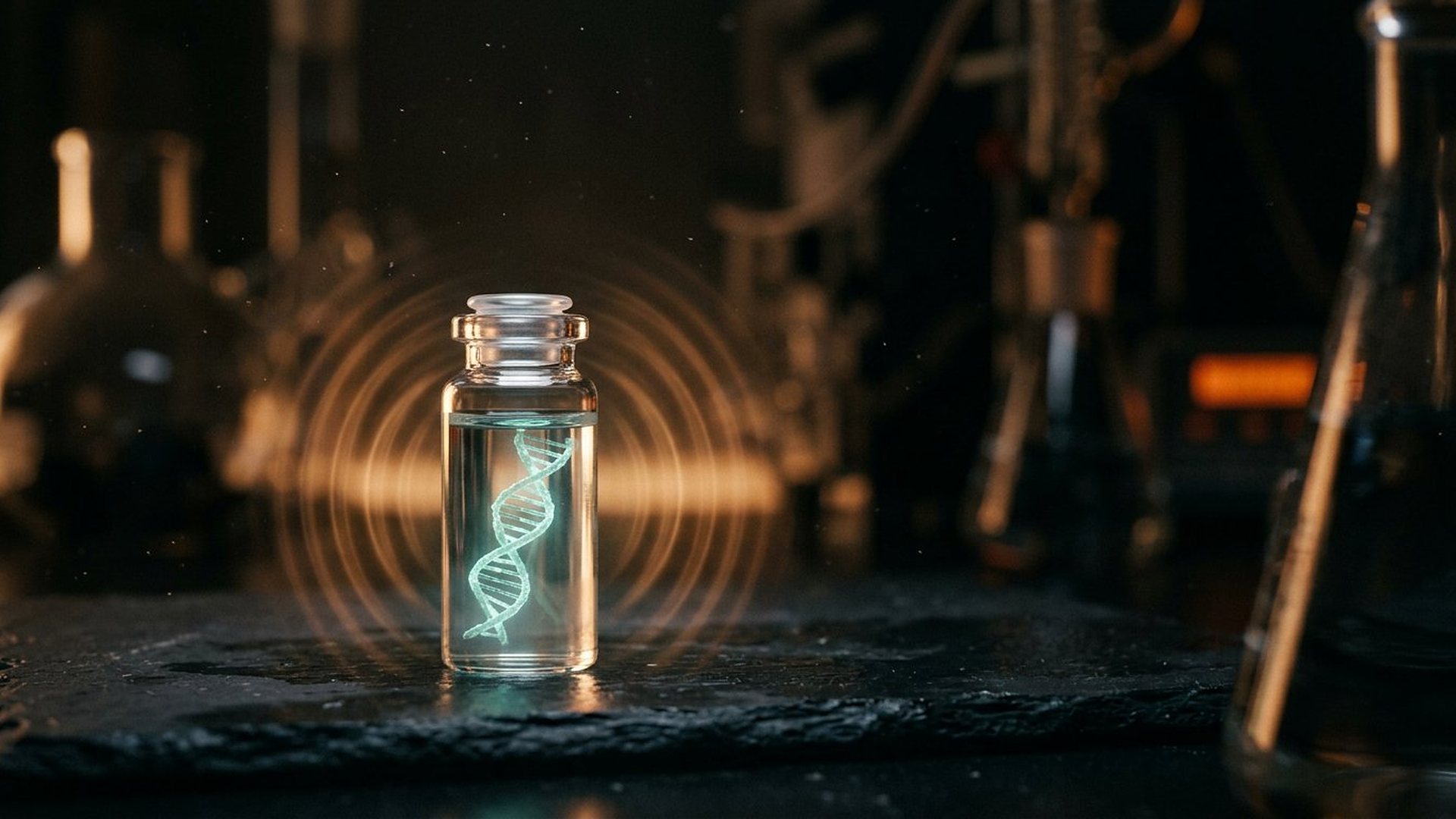 Fiole contenant un brin d'ADN synthétique faiblement lumineux.