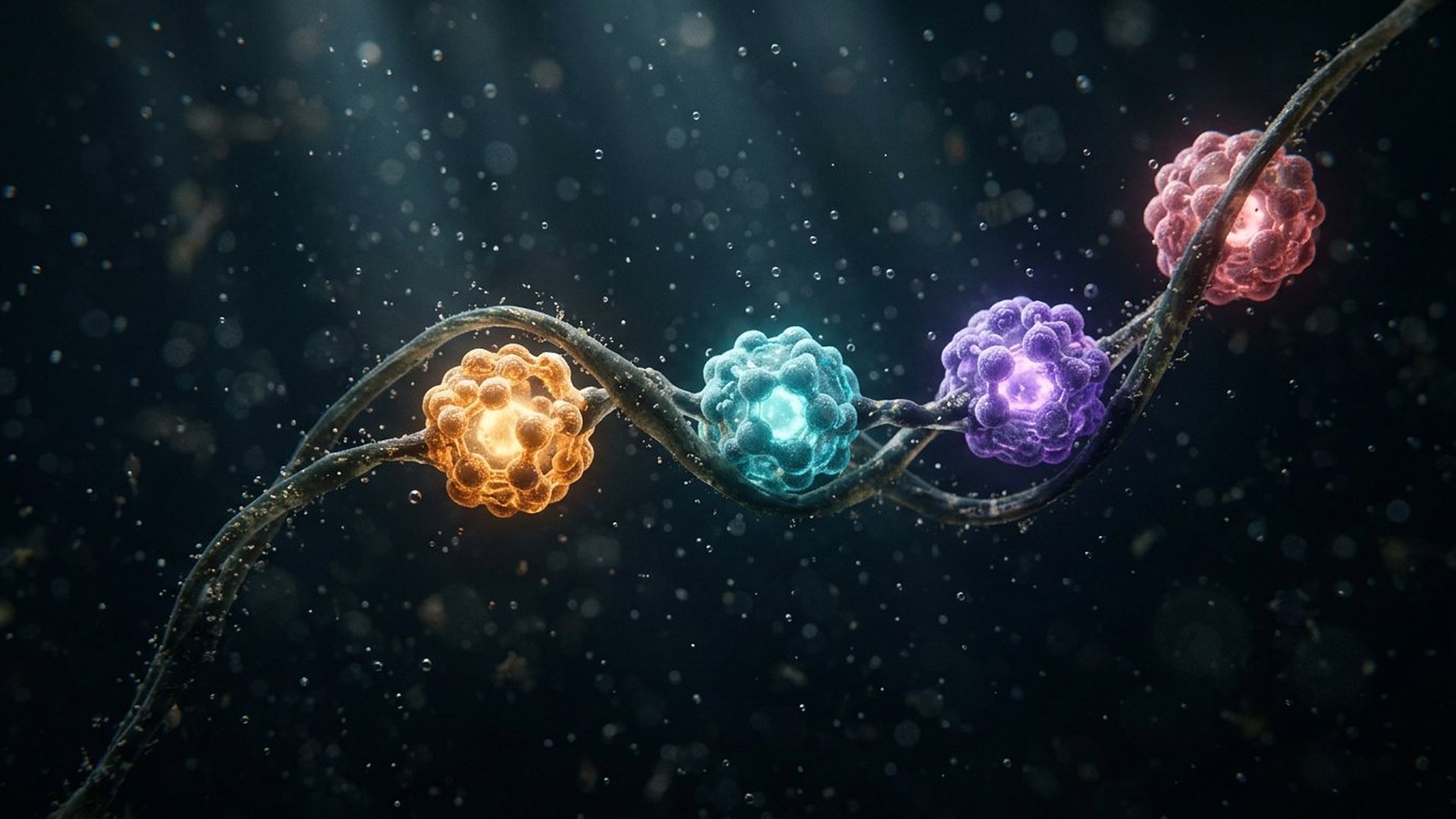 Modules colorés alignés le long d'un brin organique.