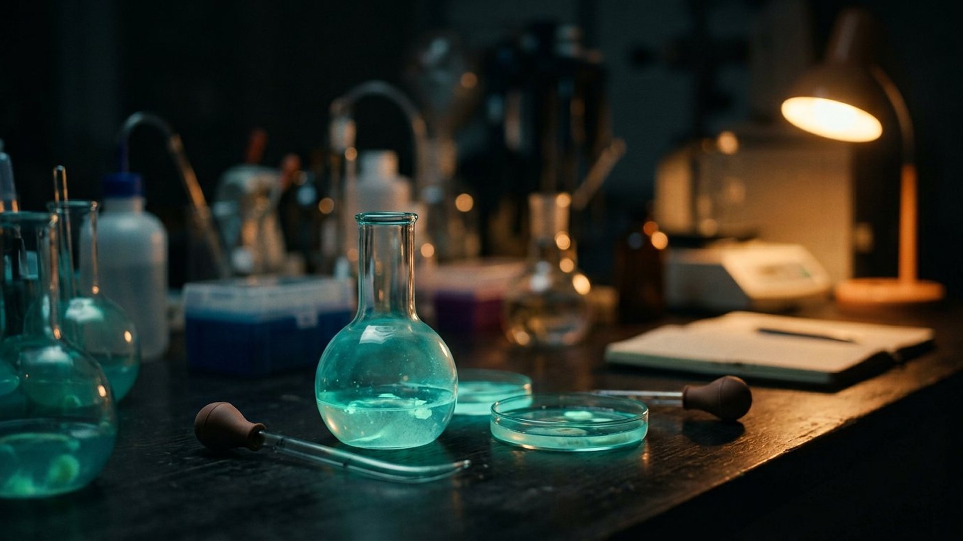 Laboratoire de biologie la nuit, verrerie et lumière tamisée.