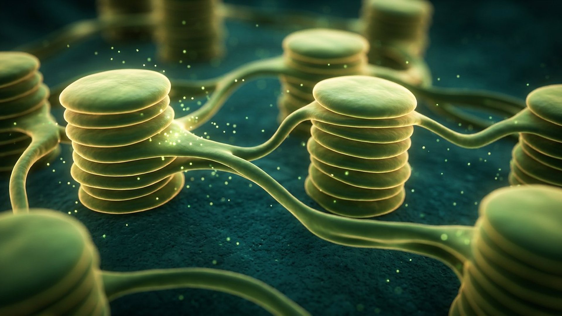 Intérieur d'un chloroplaste avec disques membranaires empilés.