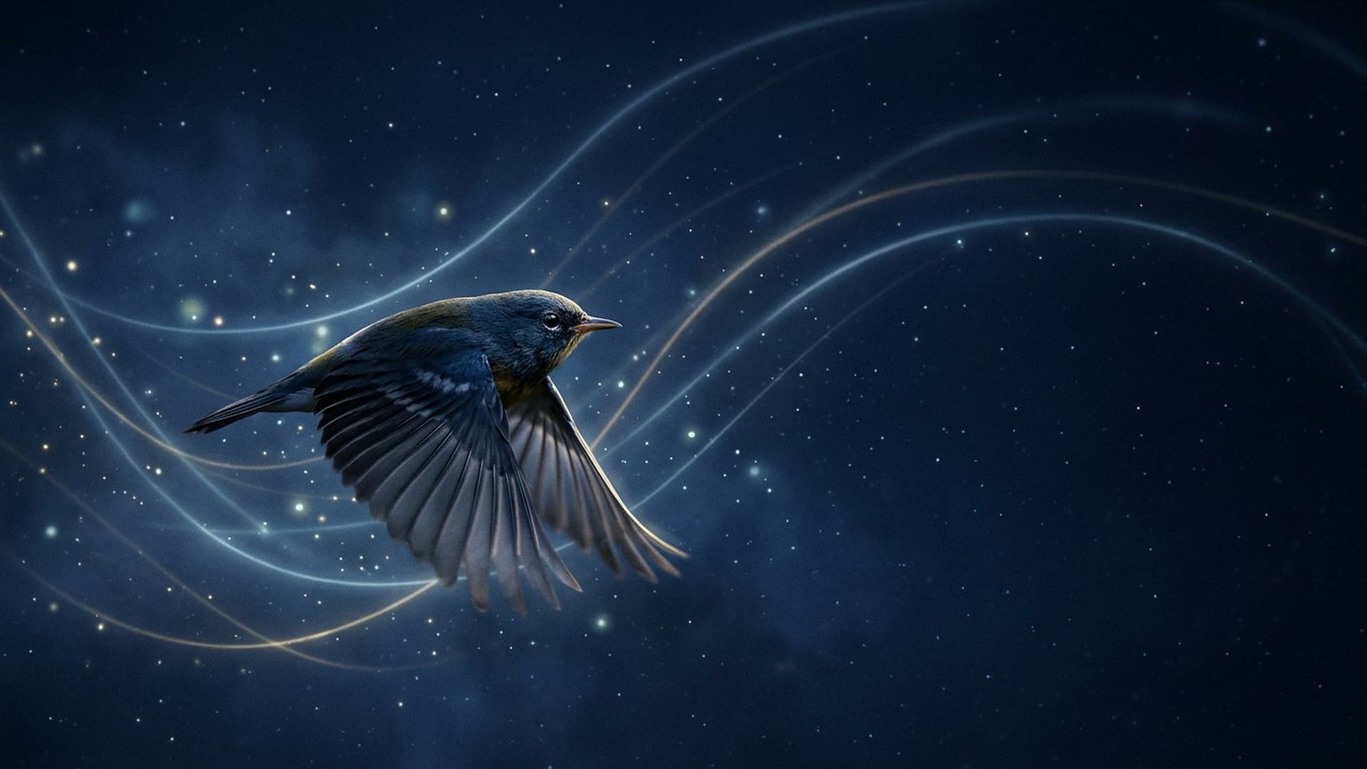 Oiseau migrateur nocturne entouré de lignes de champ magnétique.