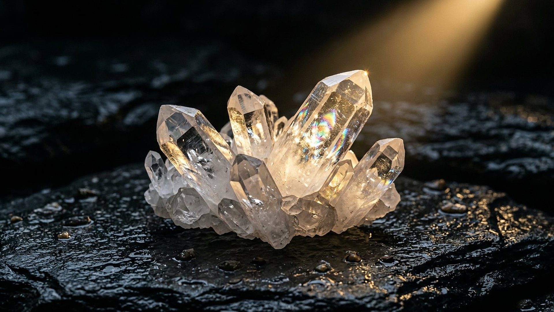 Amas de cristaux de quartz transparents éclairé par un rai de lumière dorée.