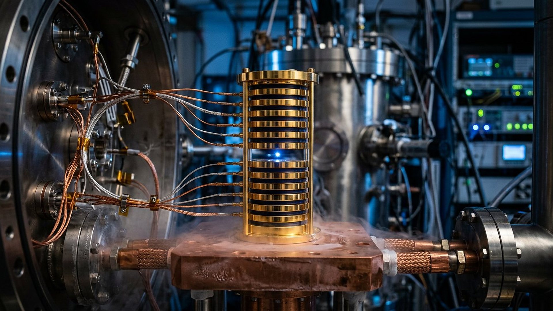 Pile cylindrique d'électrodes dorées sur une platine de cuivre, dans un cryostat.