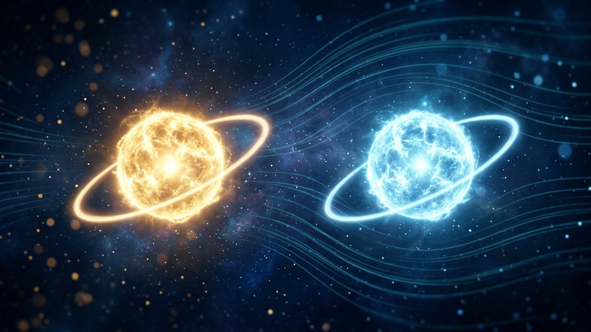 Deux sphères lumineuses, l'une dorée, l'autre bleue, entourées d'un anneau incliné.