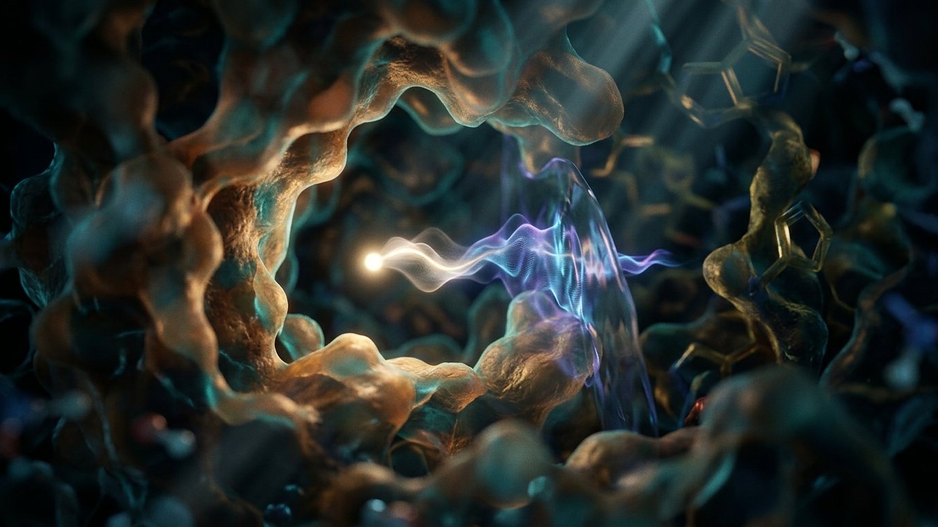 Poche d'une enzyme où un atome d'hydrogène lumineux traverse une barrière translucide.