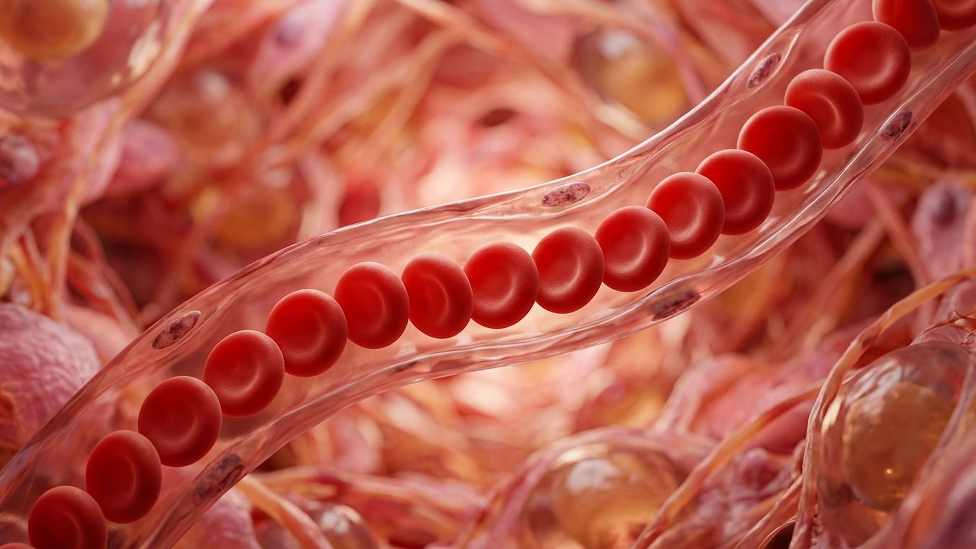 Capillaire translucide où des globules rouges circulent en file, entre des fibres de tissu rosé.