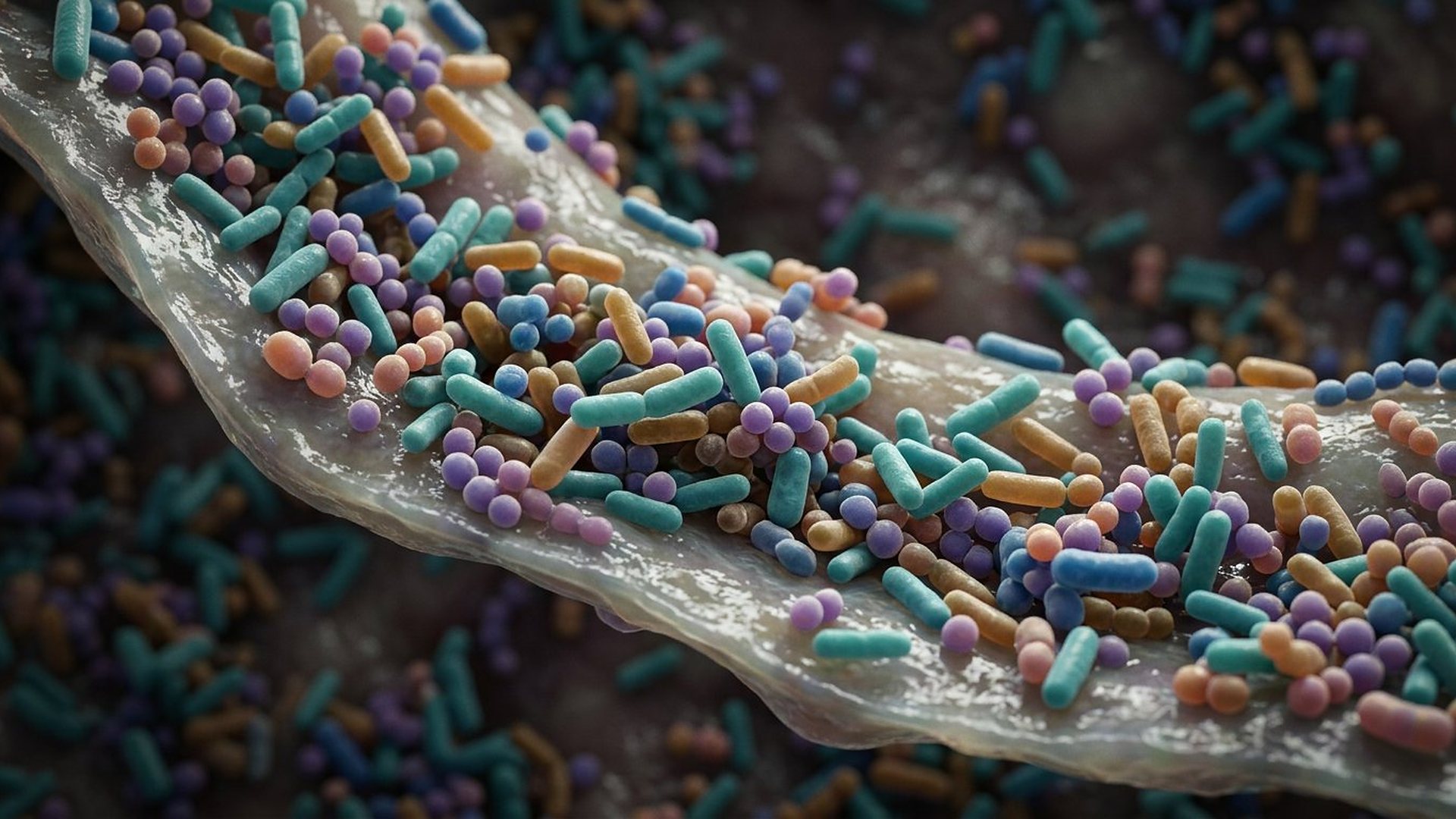Colonie de bactéries en bâtonnets et en sphères, turquoise, ambre et violettes, sur une couche de mucus.