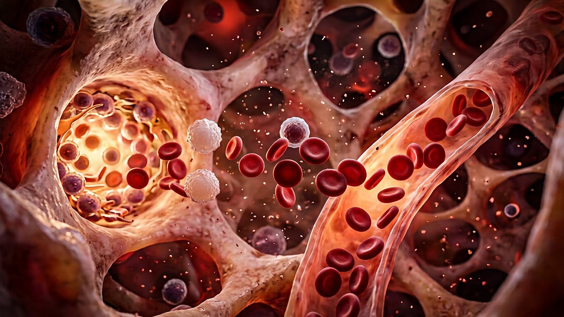 Cavité de moelle osseuse d'où de jeunes globules rouges rejoignent un vaisseau translucide.