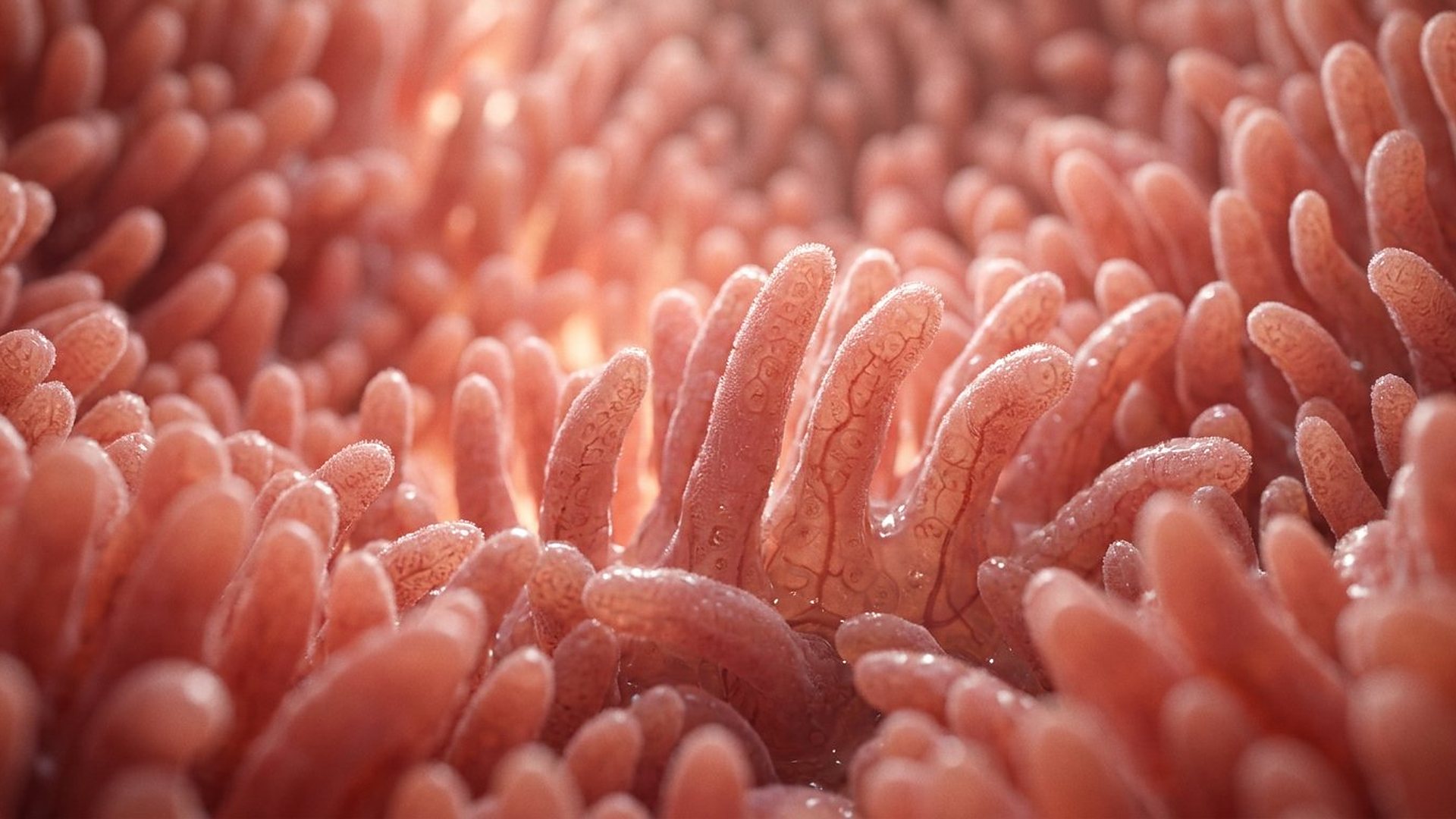 Paysage velouté de villosités intestinales roses, éclairées par une lumière chaude.