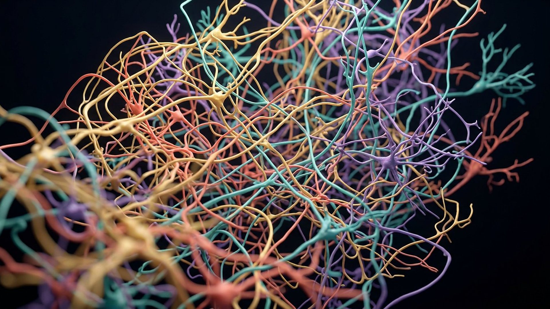 Enchevêtrement de fibres nerveuses colorées, dorées, violettes et turquoise, sur fond noir.