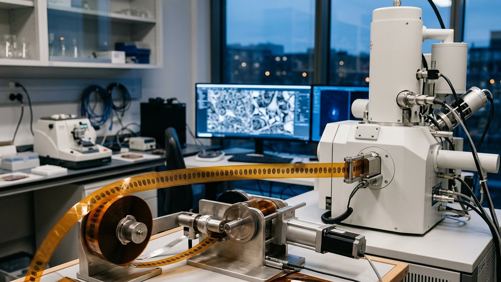 Ruban ambré portant une rangée de coupes ultrafines, devant un microscope électronique dans un laboratoire.
