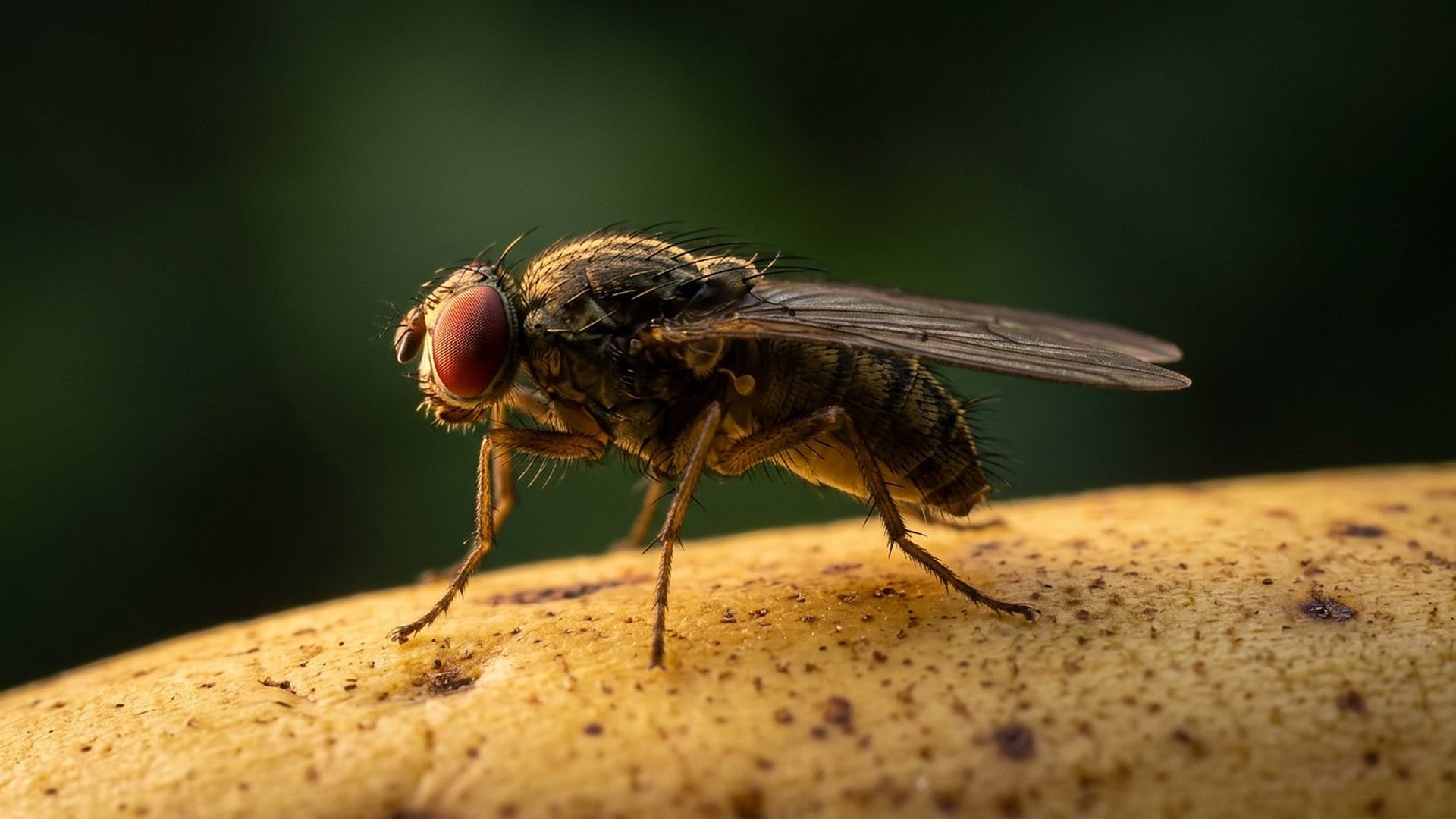 Mouche aux yeux rouges, vue de profil, ailes repliées sur le dos, posée sur une peau de banane.